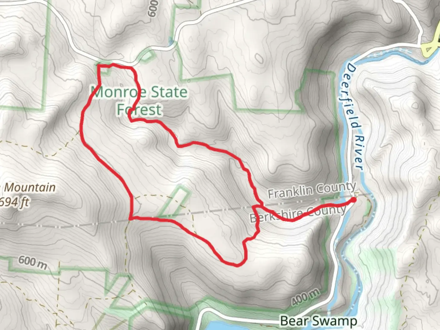 An image depicting the trail Trail along Dunbar Brook in Monree State Forest and its surrounding area.