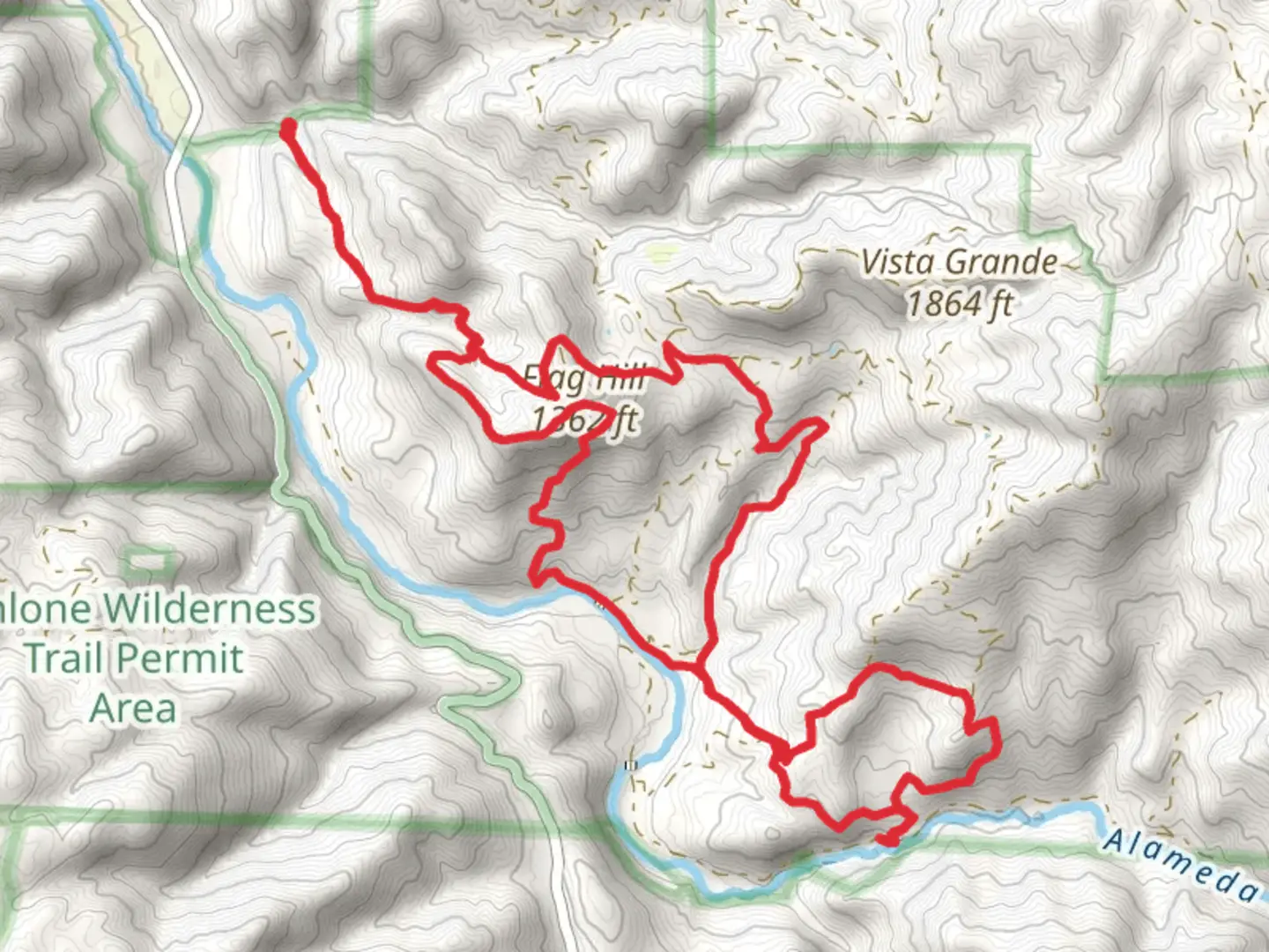 An image depicting the trail Flag Hill and Ohlone Wilderness Trail Loop and its surrounding area.