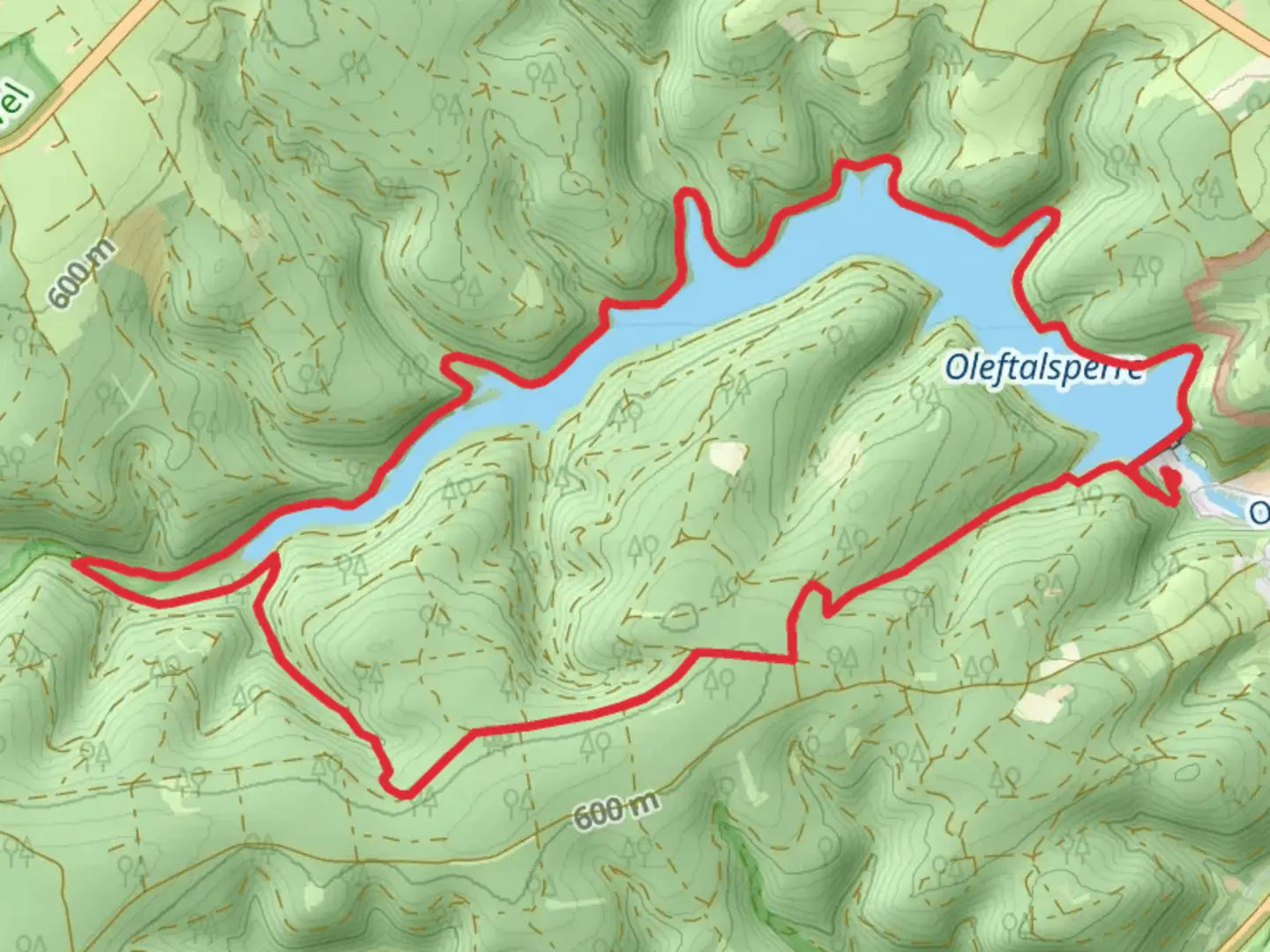An image depicting the trail Olef via EifelSchleife Eichen and EifelSchleife Um dir Oleftalsperre Loop and its surrounding area.