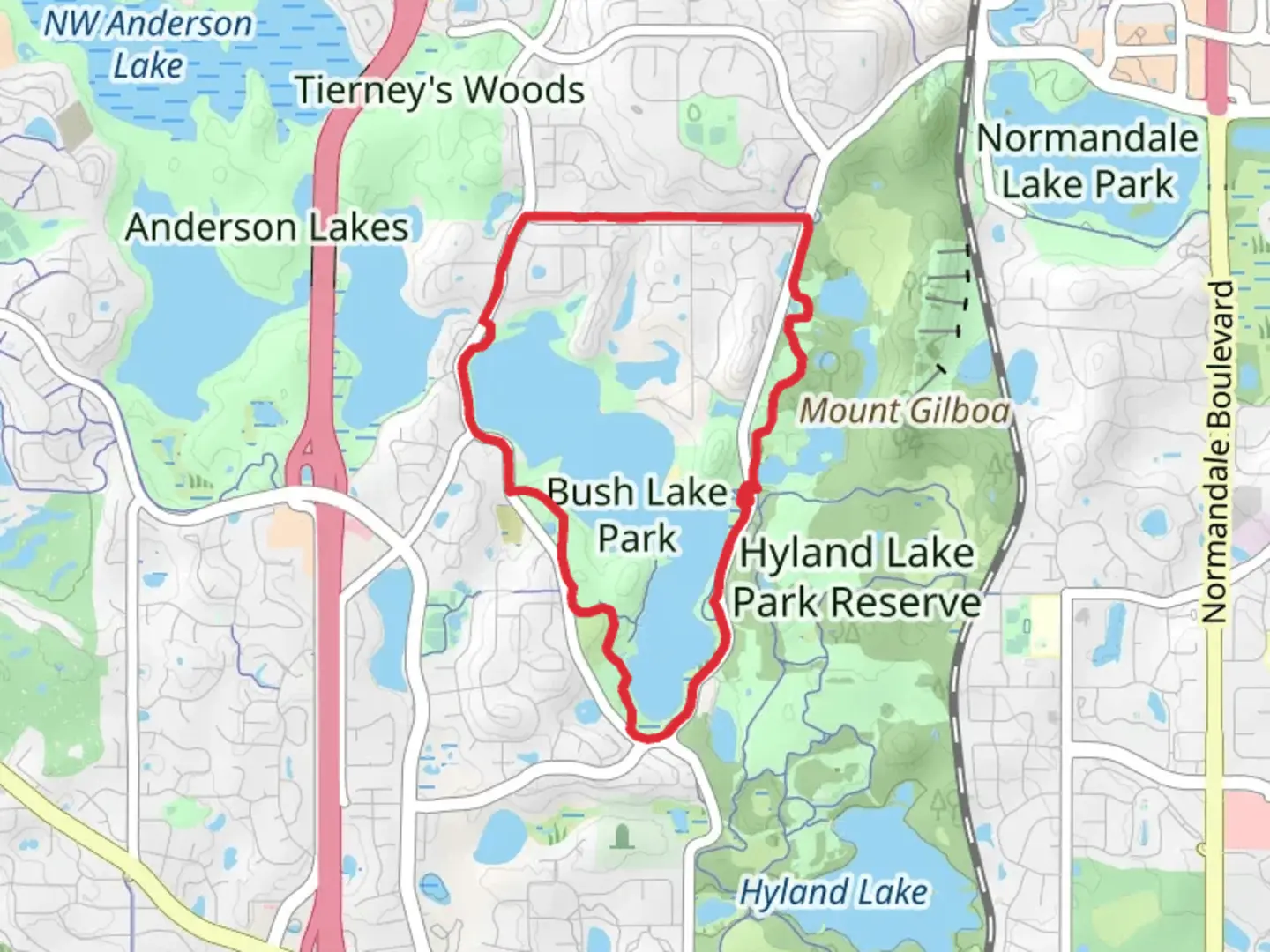 An image depicting the trail Bush Lake and Izaak Walton Beach Loop and its surrounding area.