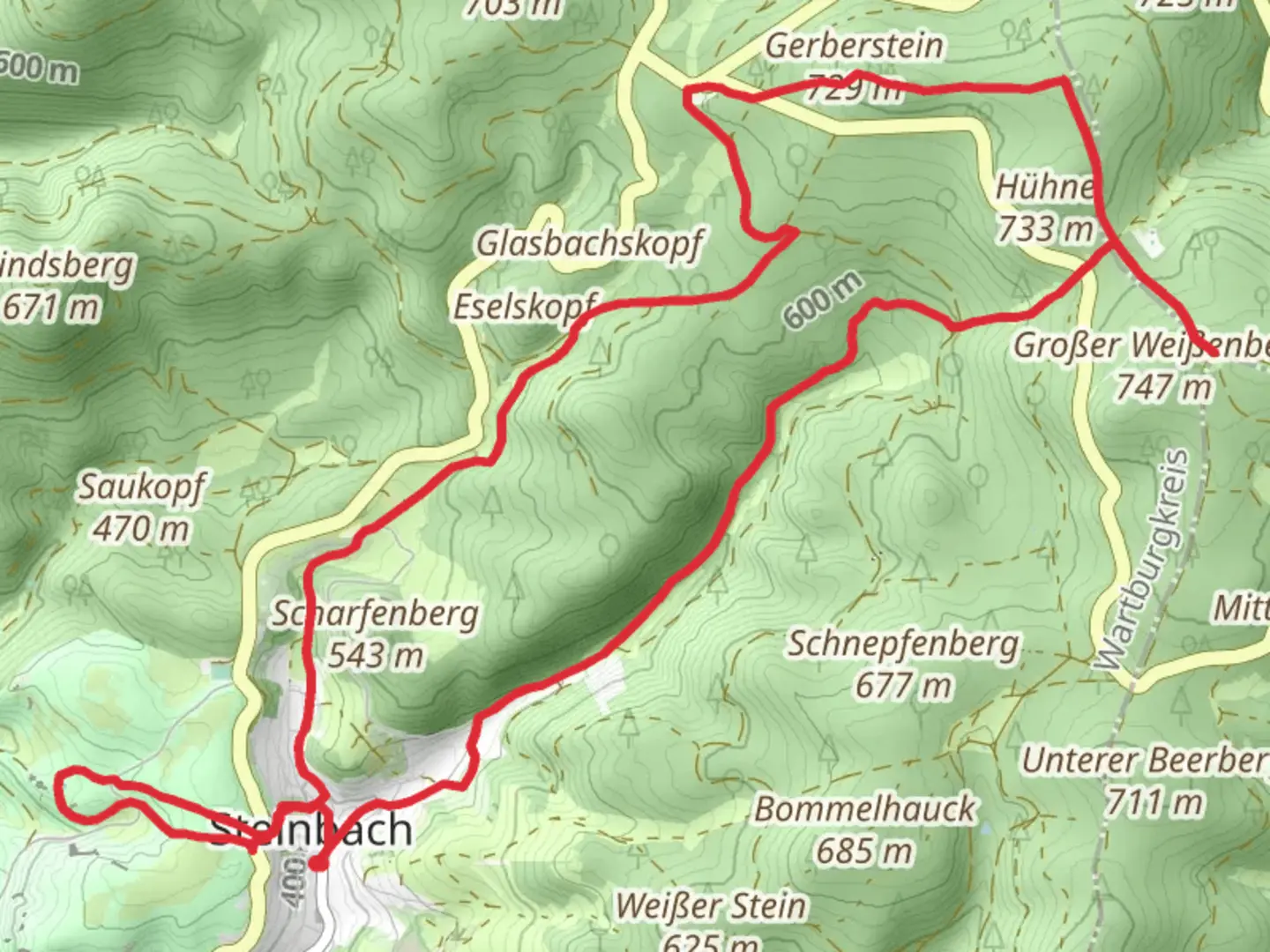 An image depicting the trail Gerberstein via Messerweg and its surrounding area.