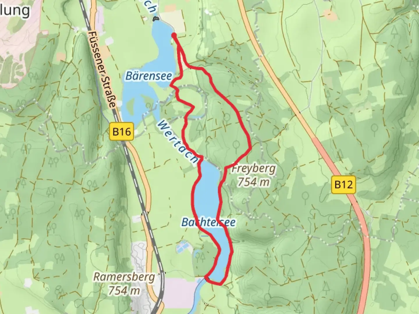 An image depicting the trail Bachtelsee and Freyberg Loop via Barensee and its surrounding area.