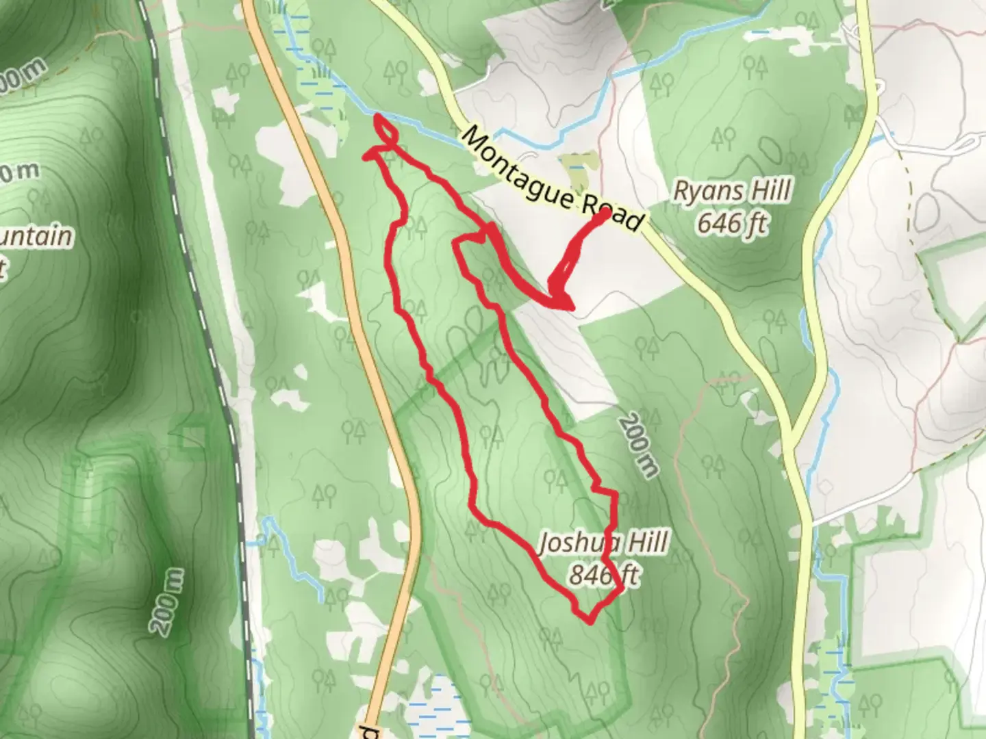 An image depicting the trail Joshua Hill in Mount Toby Wildlife Management Area and its surrounding area.