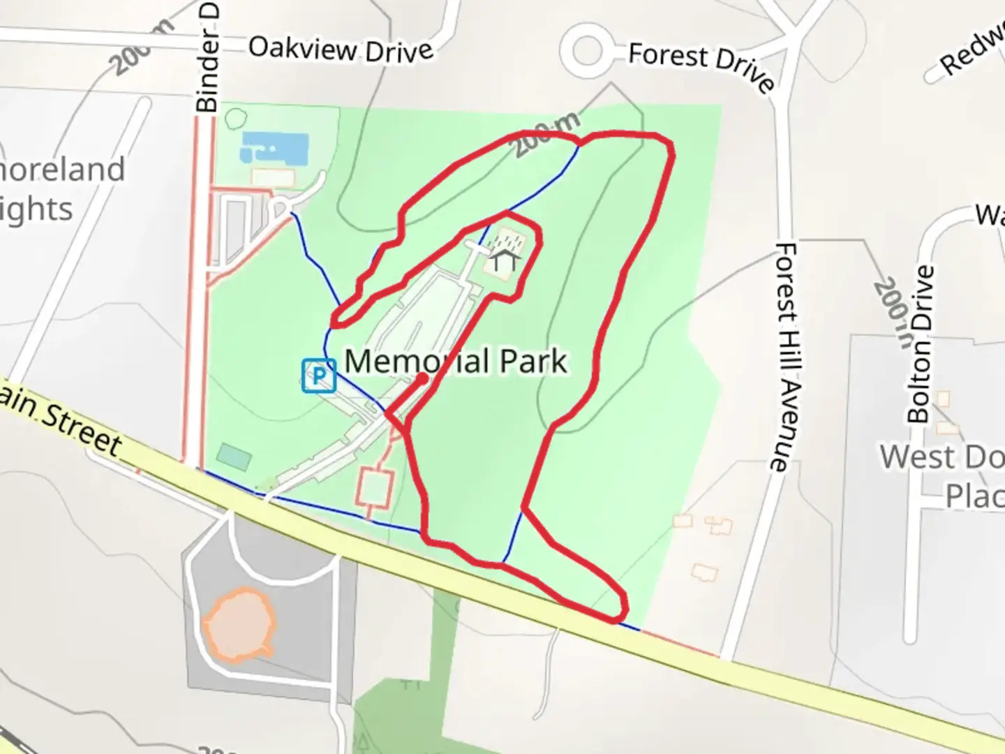 An image depicting the trail Memorial Park Loop and its surrounding area.