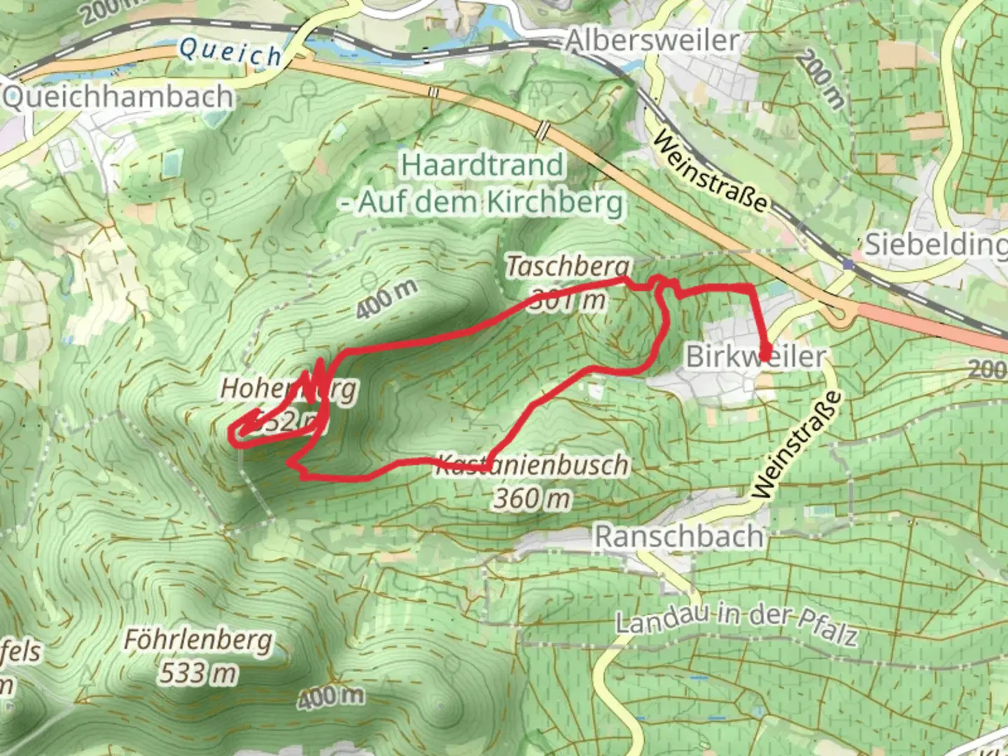 An image depicting the trail Taschberg, Schuhmacherfelsen and Hohenberg Loop and its surrounding area.