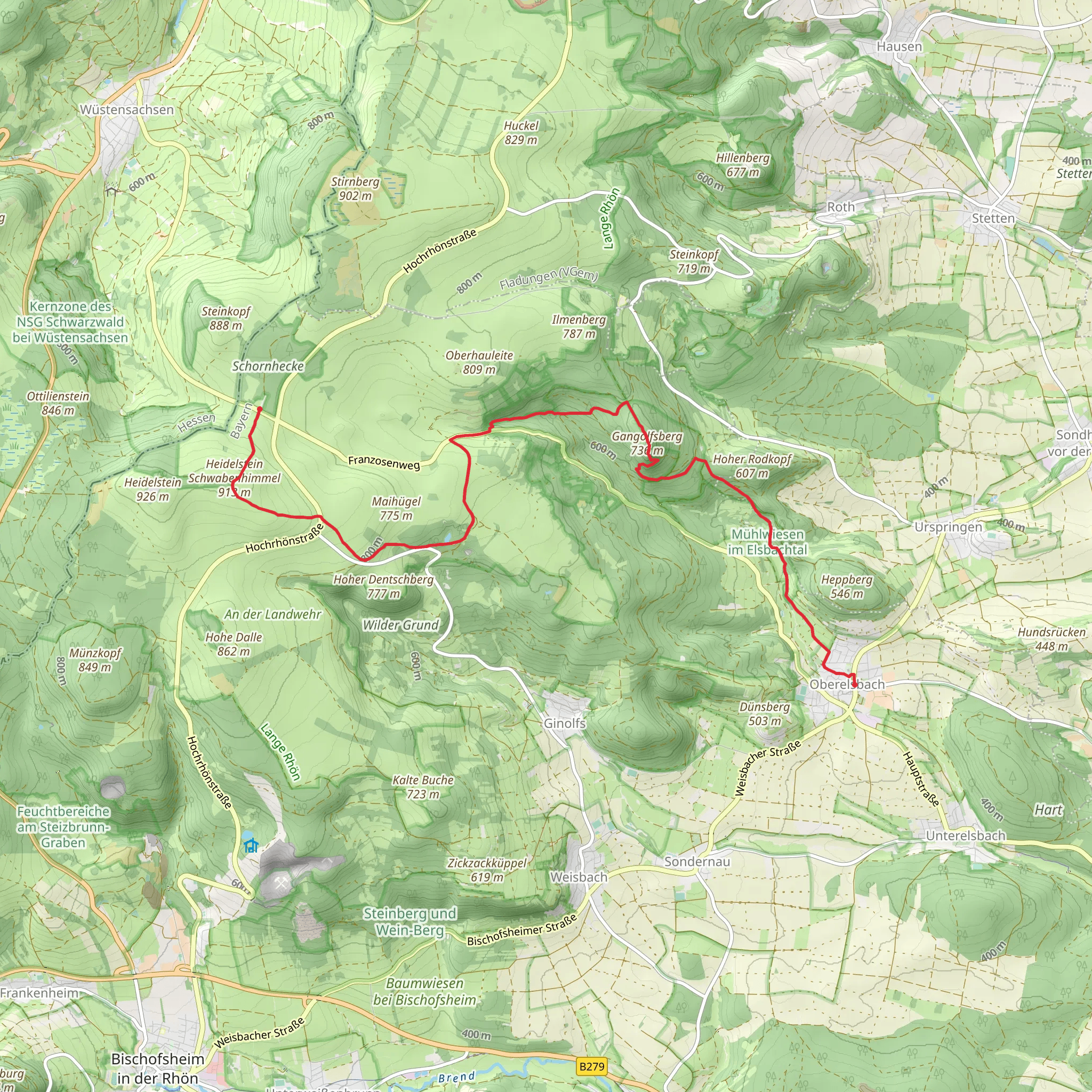 Gangolfsberg, Basaltsee and Heidelstein Schwabenhimmel from Oberelsbach mobile static map