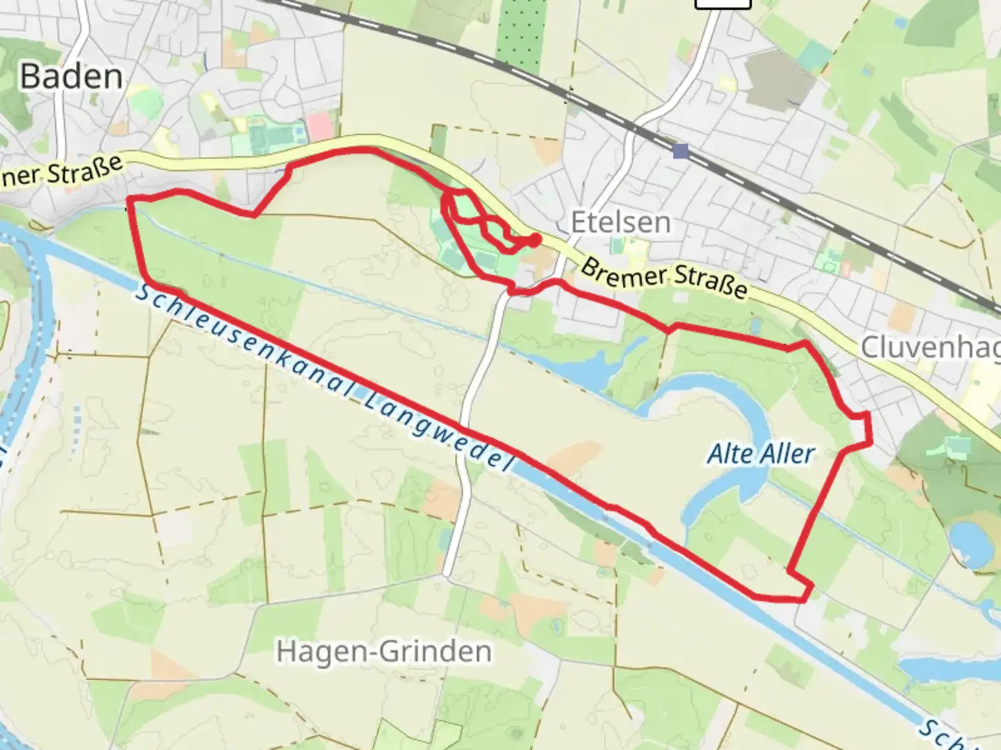 An image depicting the trail Schlosspark Etelsen and Alte Aller Loop and its surrounding area.