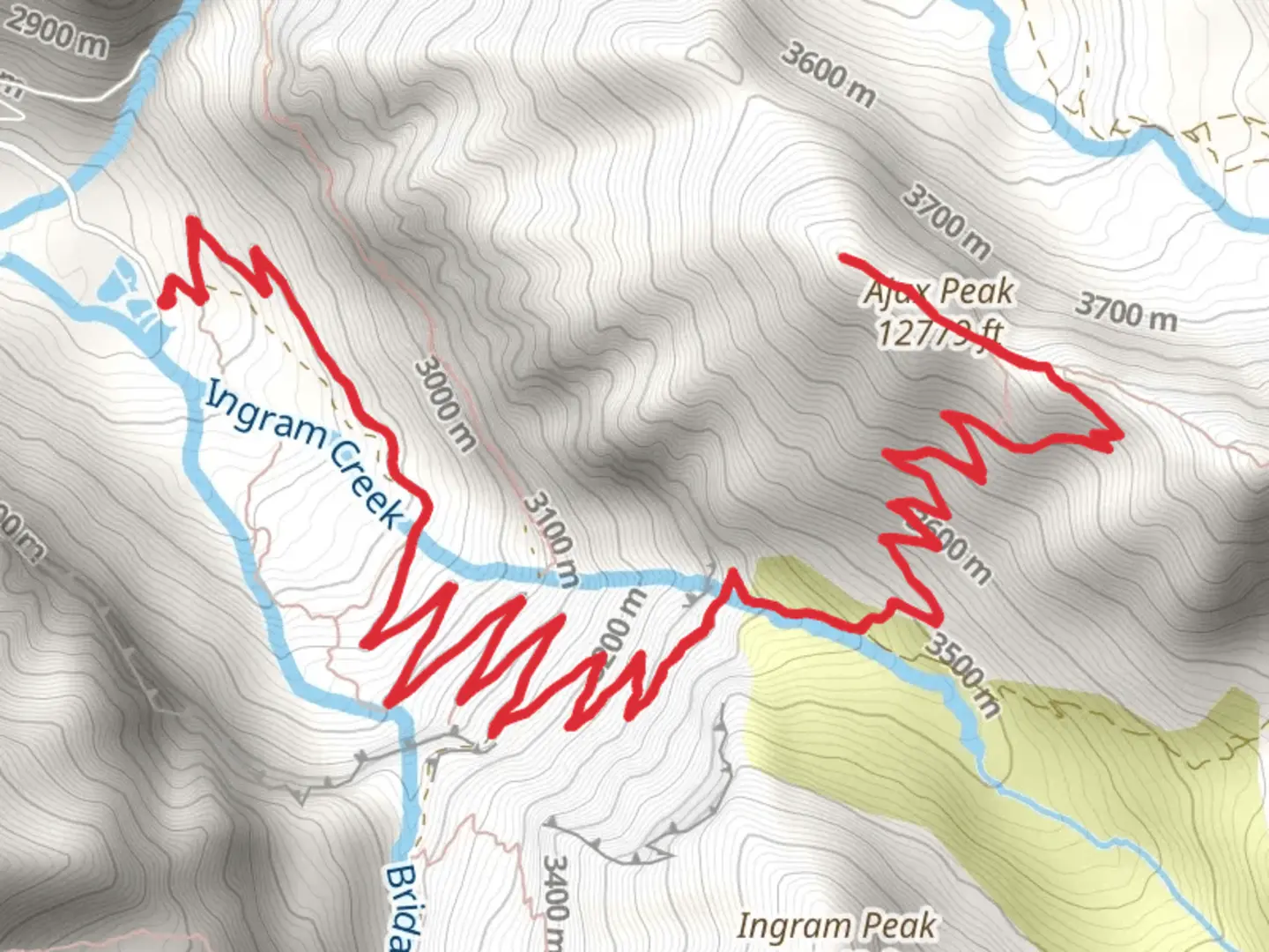 An image depicting the trail Ajax Peak via Black Bear Pass Road and its surrounding area.