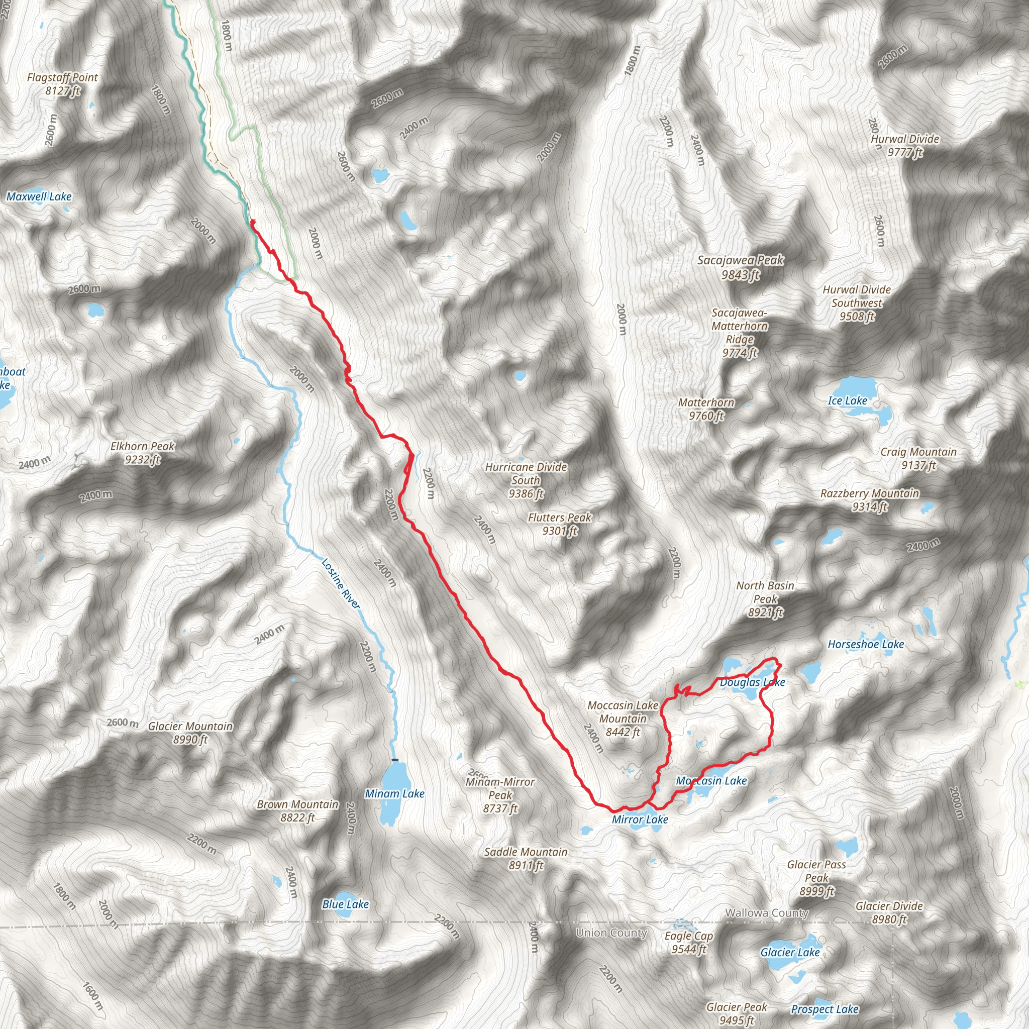 Crescent, Douglas, Mirror and Moccasin Lakes via East Fork Lostine Trail mobile static map
