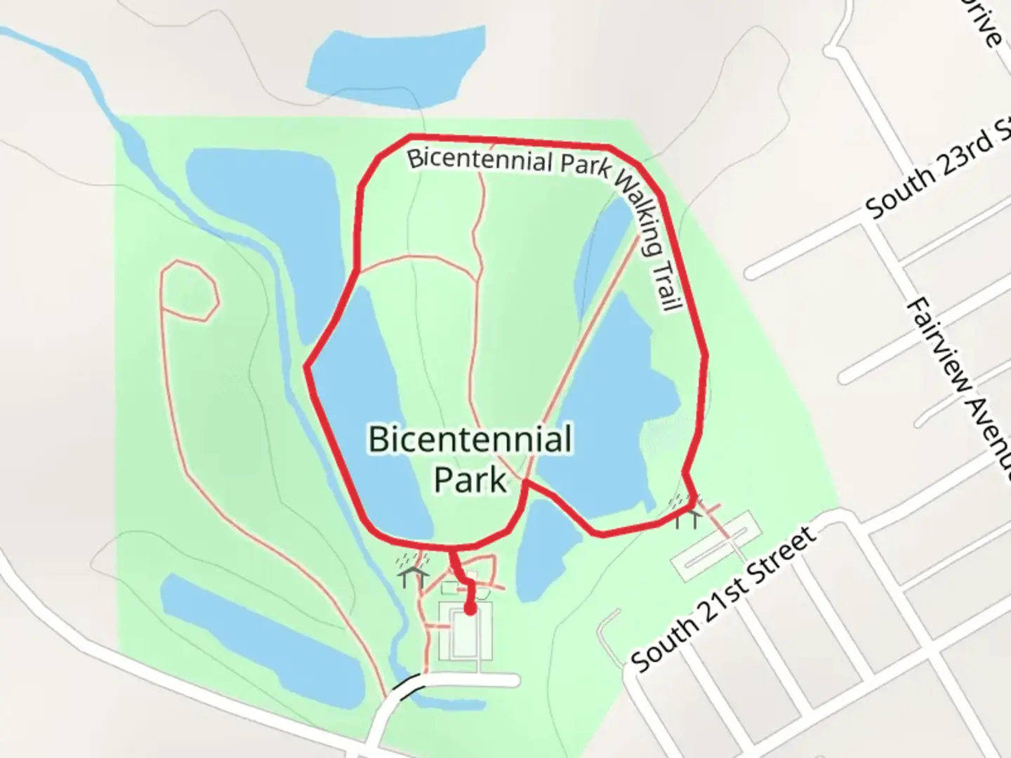 An image depicting the trail Bicentennial Park Lake Loop and its surrounding area.
