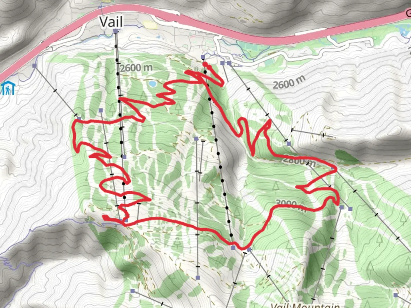 An image depicting the trail Windisch Way Trail, Village Trail and Mid Vail Loop Trail and its surrounding area.