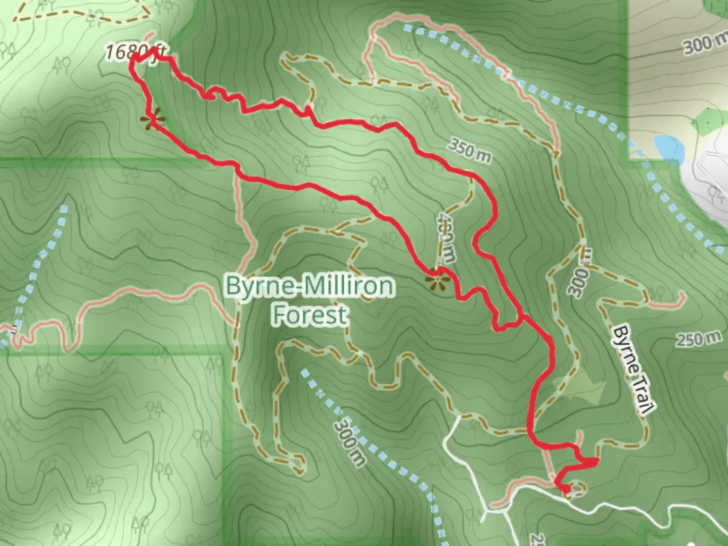 An image depicting the trail Ridge Top - Byrne Loop via Rattlesnake Trail and its surrounding area.