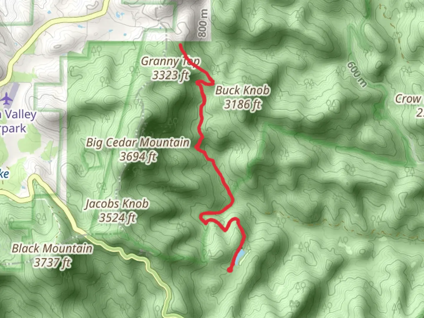 An image depicting the trail Pigeon Roost Creek from Dockery Lake and its surrounding area.