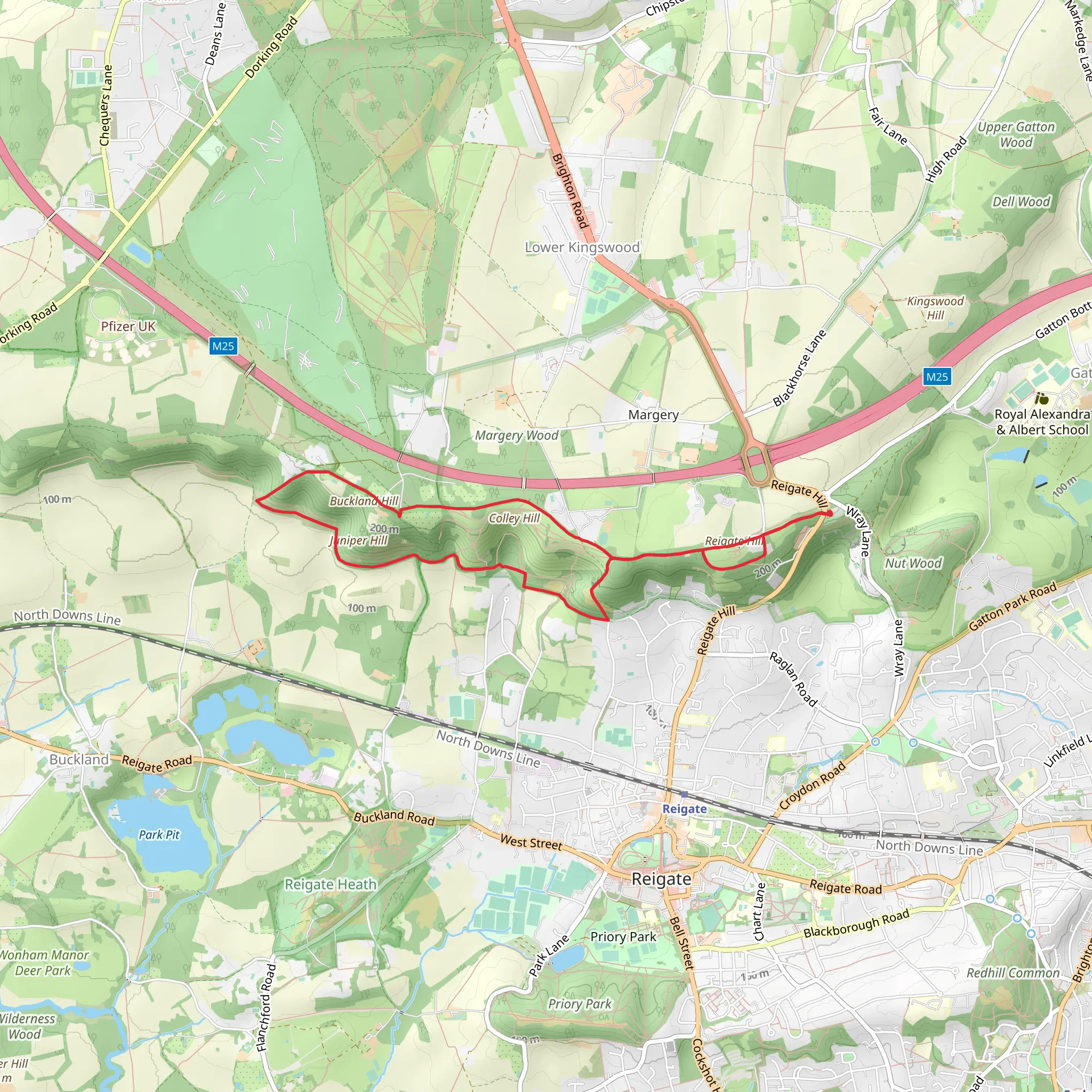 Reigate Hill, Colley Hill, Juniper Hill via North Downs Way mobile static map