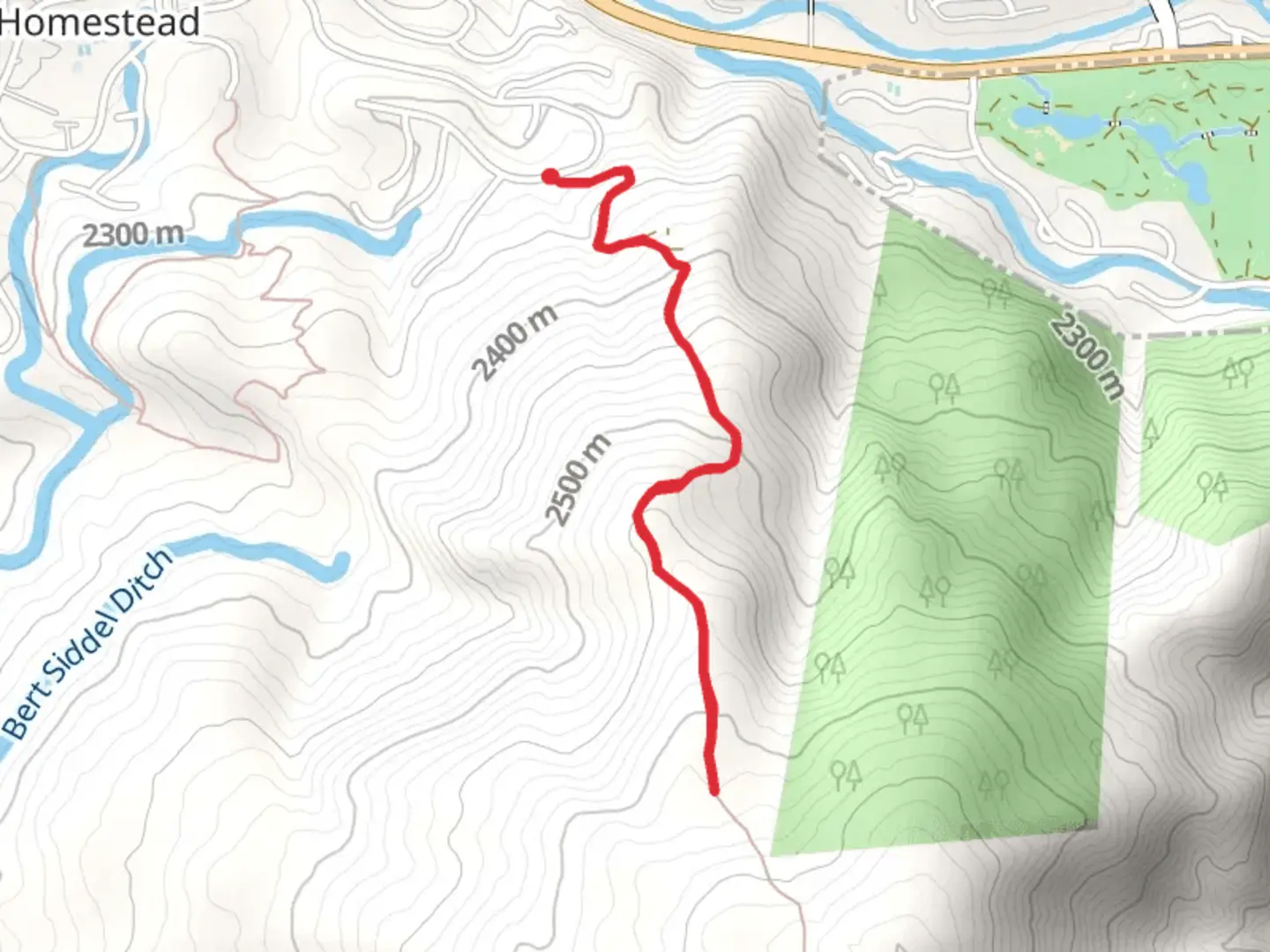 An image depicting the trail Gold Dust Drive - South and its surrounding area.