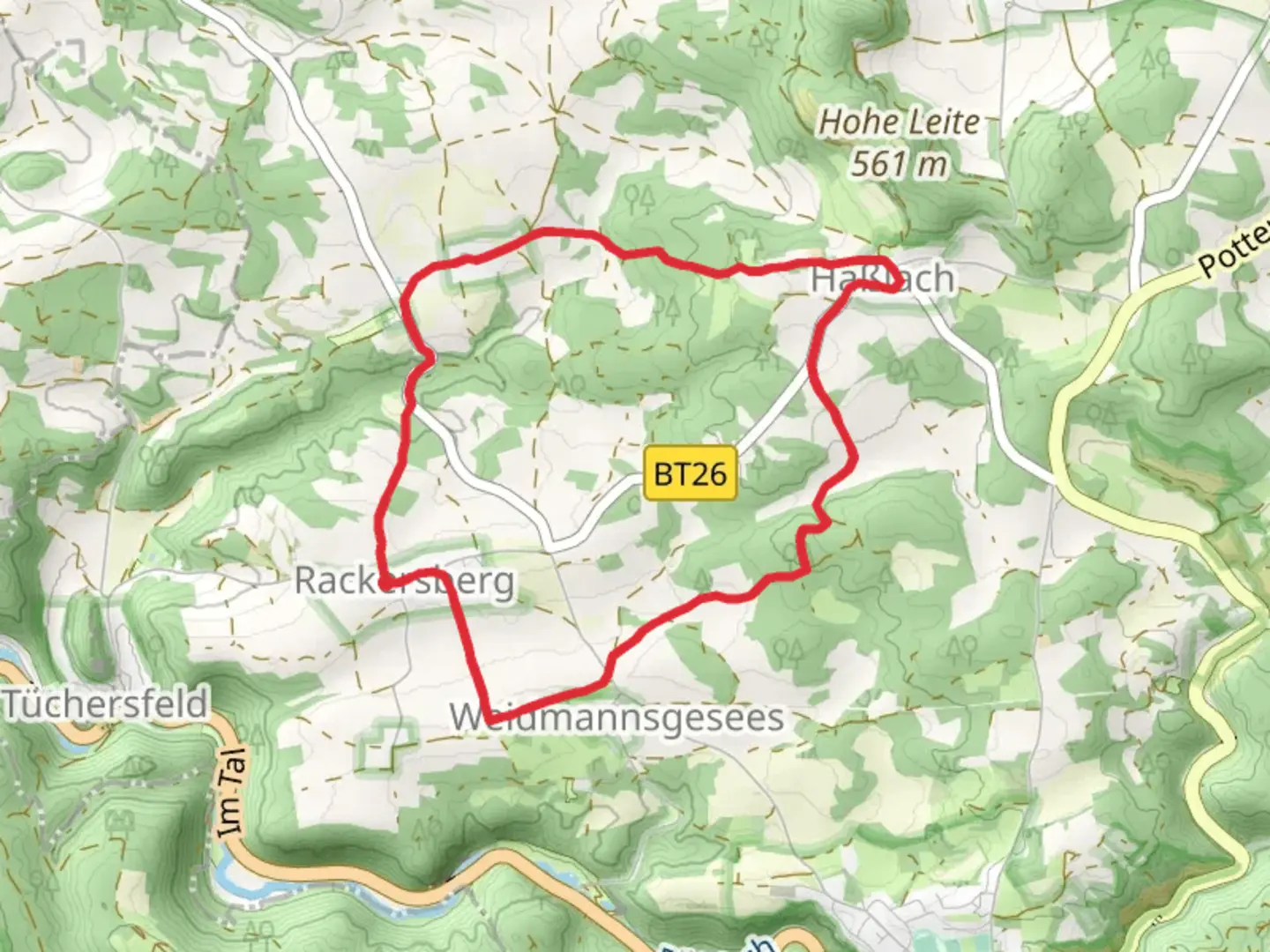 An image depicting the trail Rackersberg and Haßlach Loop and its surrounding area.