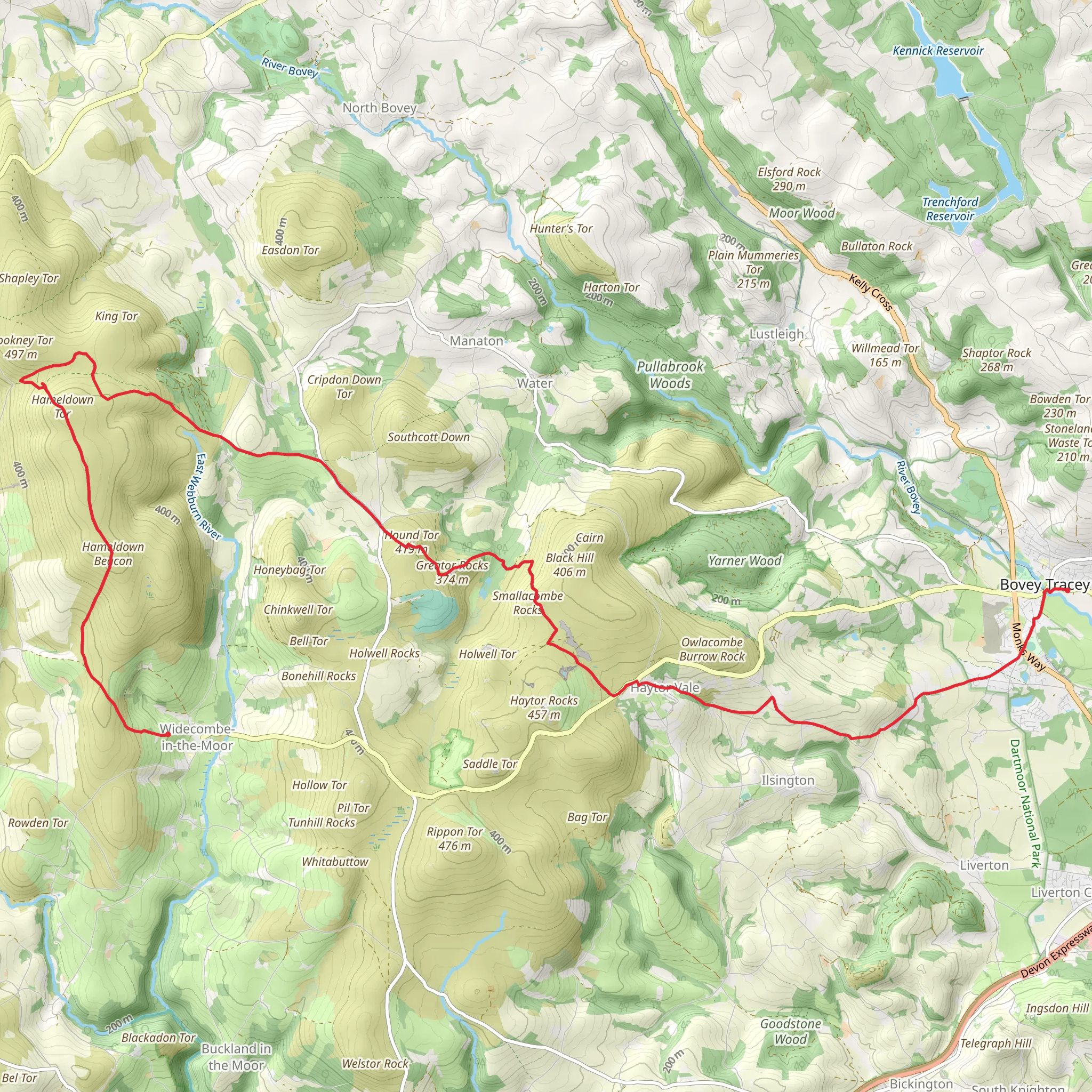 Widecombe in the Moor to Bovey Tracey Walk mobile static map