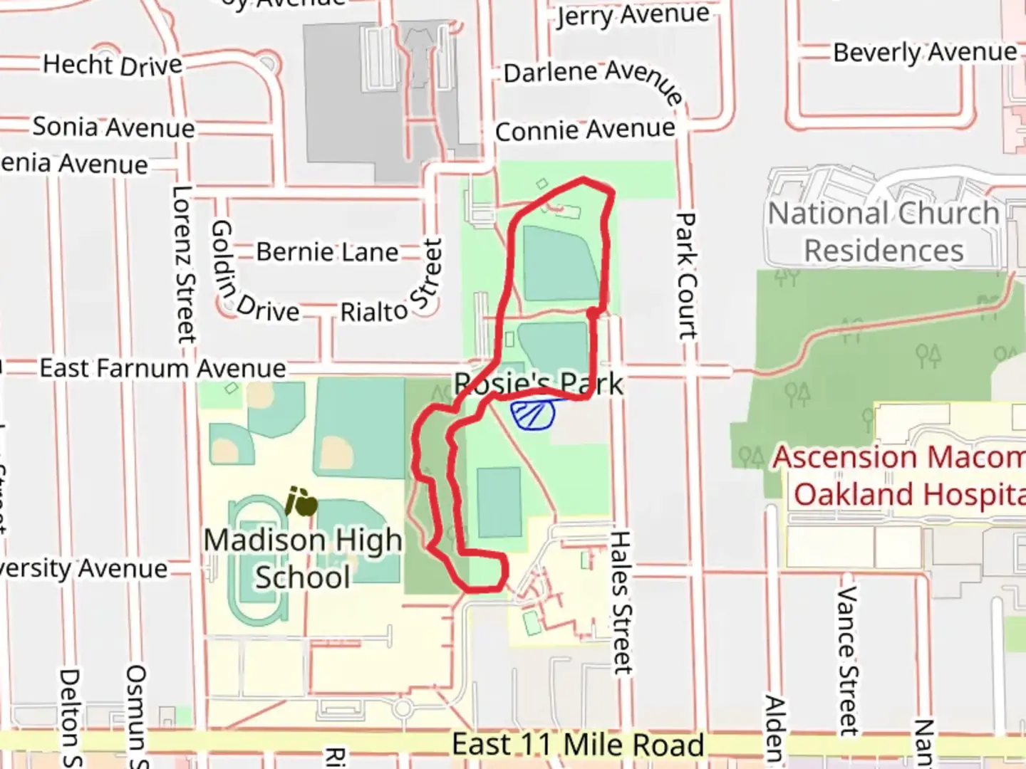 An image depicting the trail Rosie's Park and Madison Woods Loop and its surrounding area.
