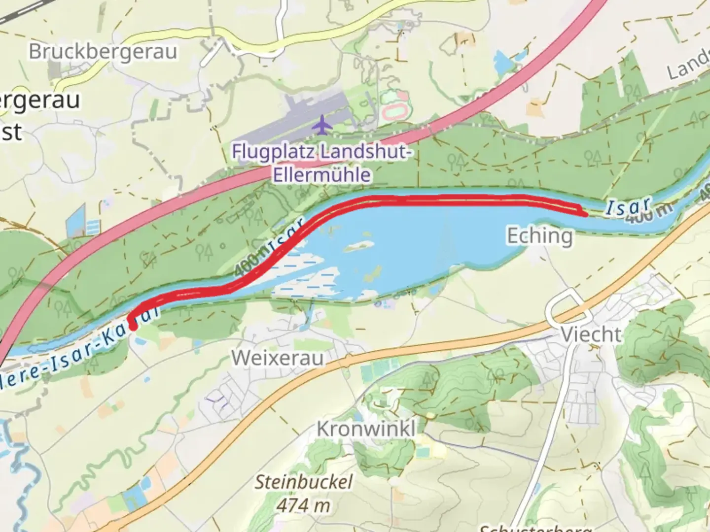 An image depicting the trail Echinger Stausee and Isar and its surrounding area.