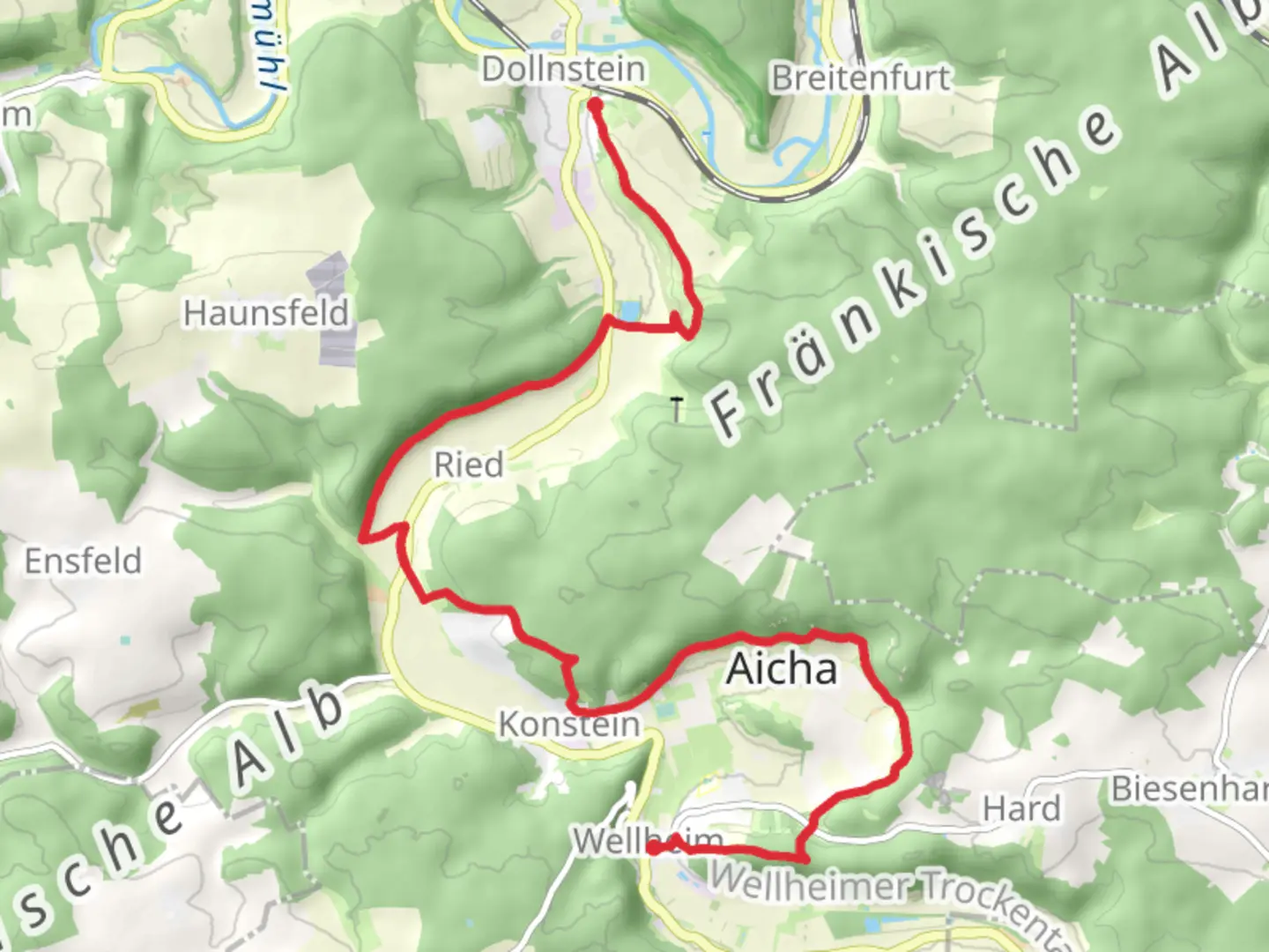 An image depicting the trail Dollnstein to Wellheim Walk and its surrounding area.