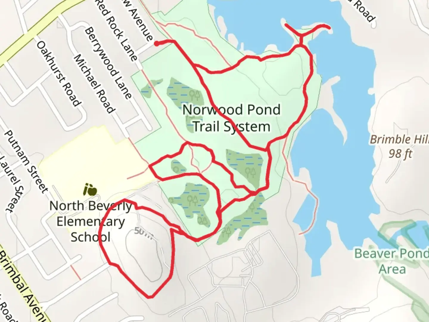 An image depicting the trail Beverly Reservoir and Norwood pond Loop and its surrounding area.
