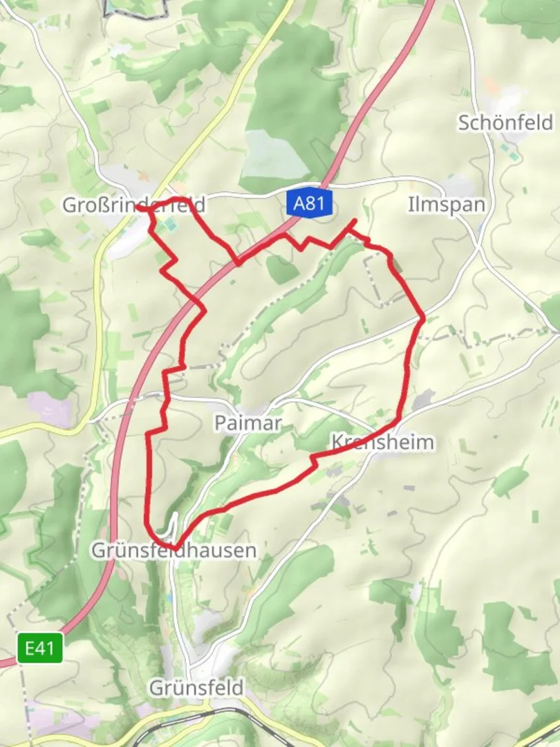 An image depicting the trail Grobrinderfeld and Krensheim Loop and its surrounding area.