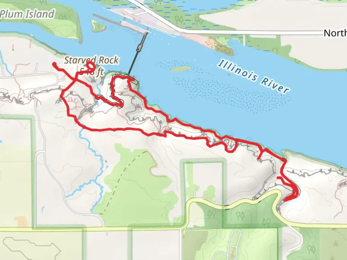 An image depicting the trail Starved Rock - Illinois River Loop and its surrounding area.