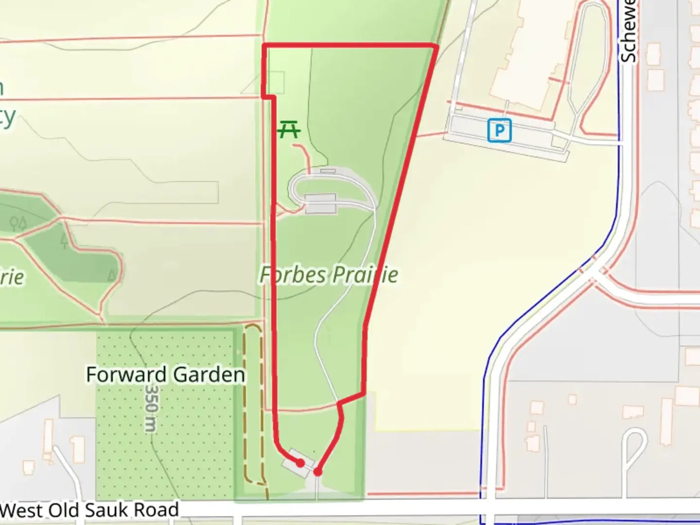 An image depicting the trail Forbes Prairie and Rain Garden Loop and its surrounding area.