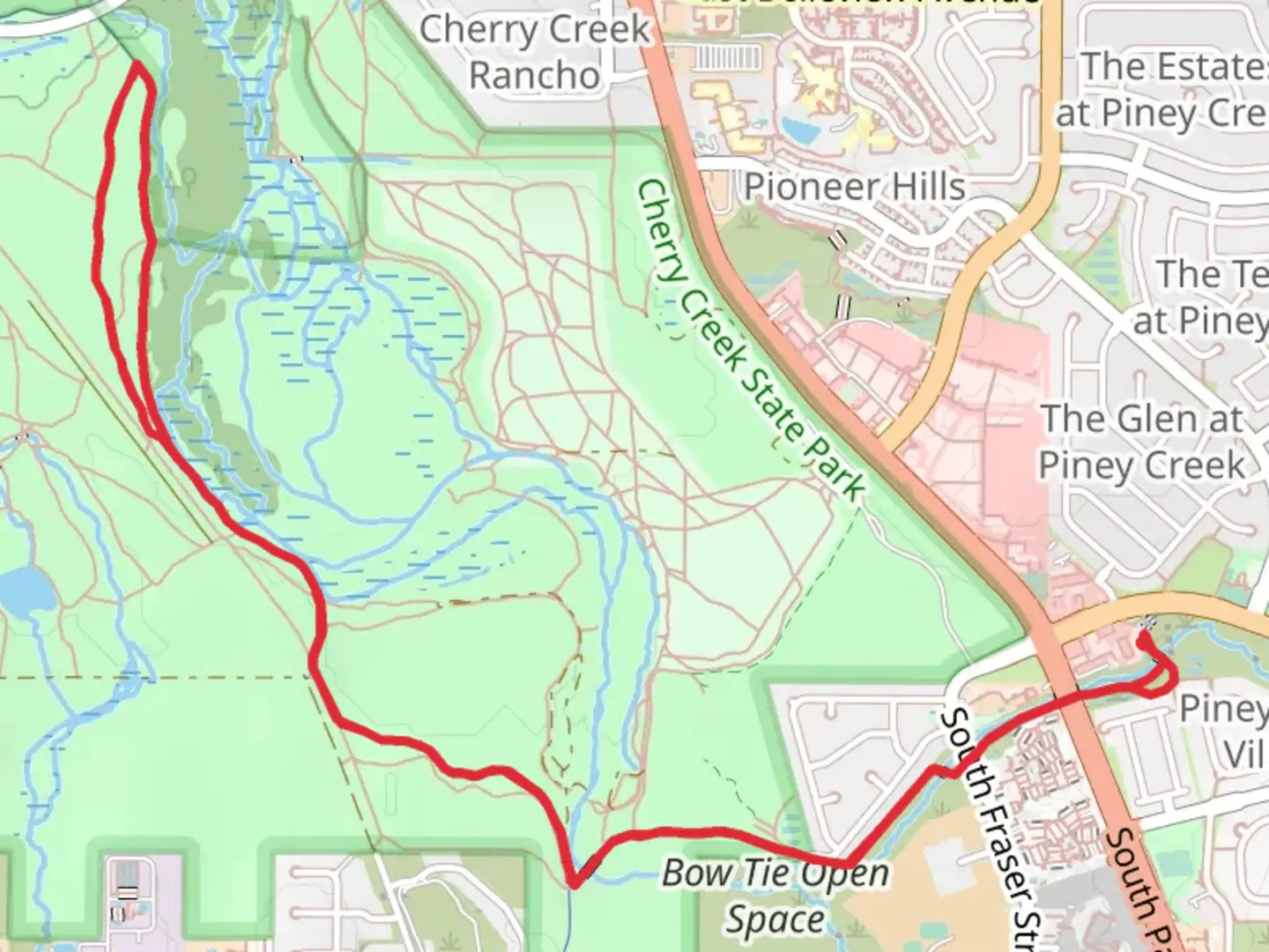 An image depicting the trail Piney Creek and Cherry Creek Trail and its surrounding area.