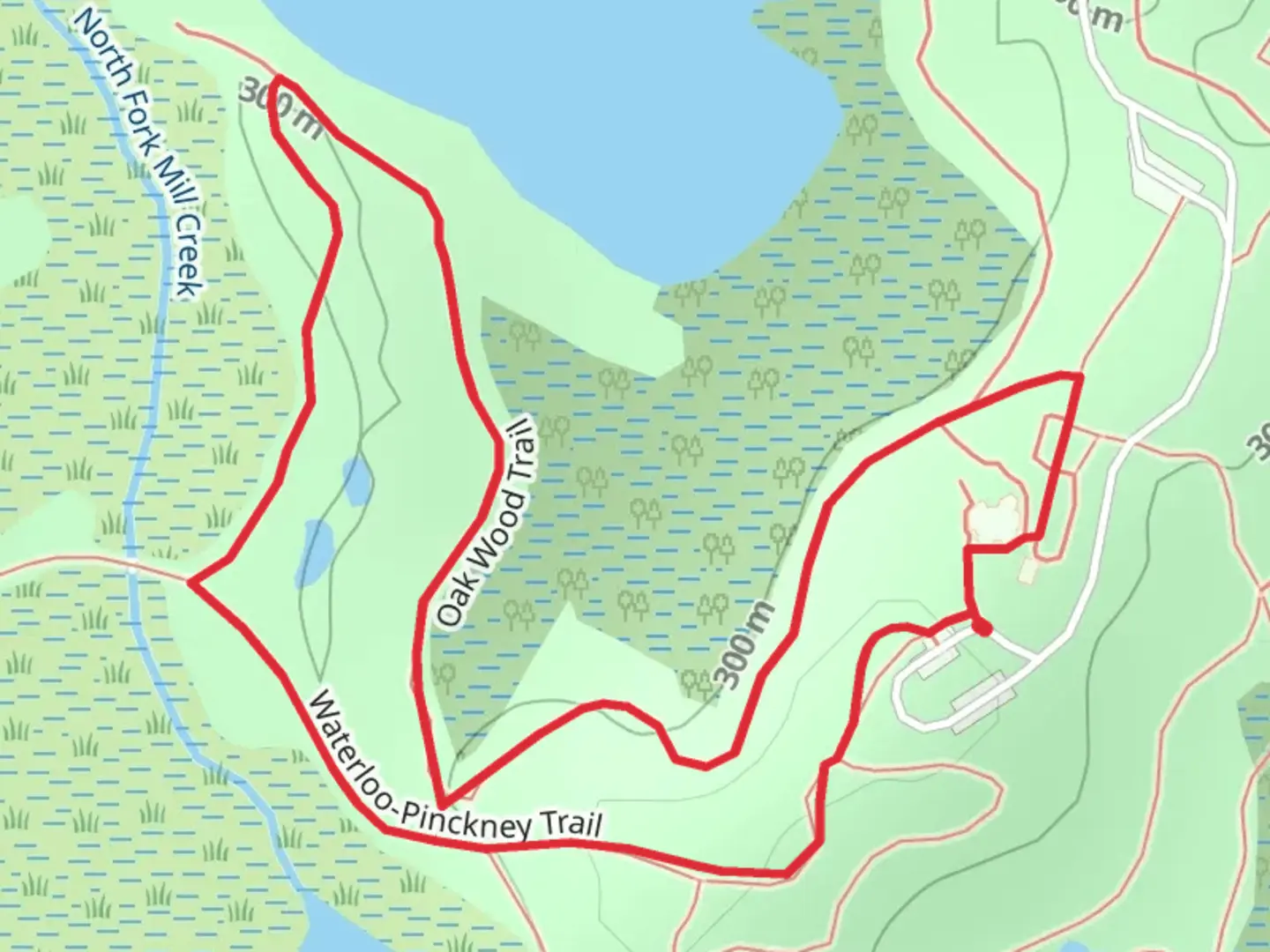 An image depicting the trail Waterloo-Pinckney Trail and Oak Wood Trail Loop and its surrounding area.