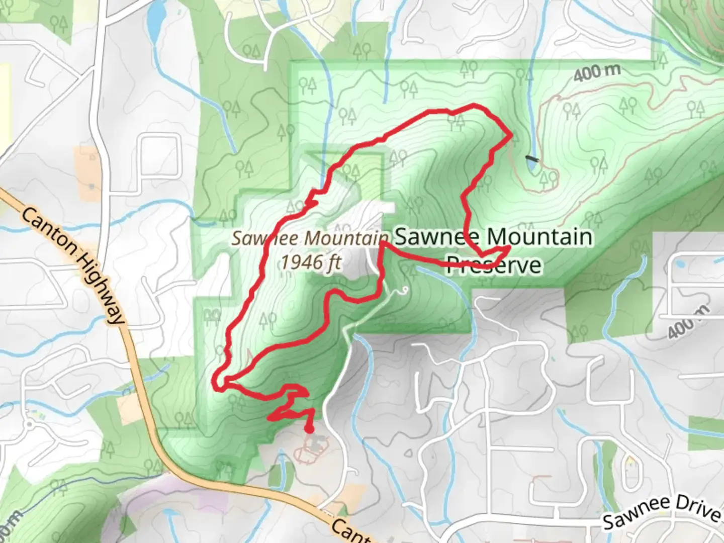 An image depicting the trail Sawnee Mountain Preserve - Mountainside Loop Trail and its surrounding area.