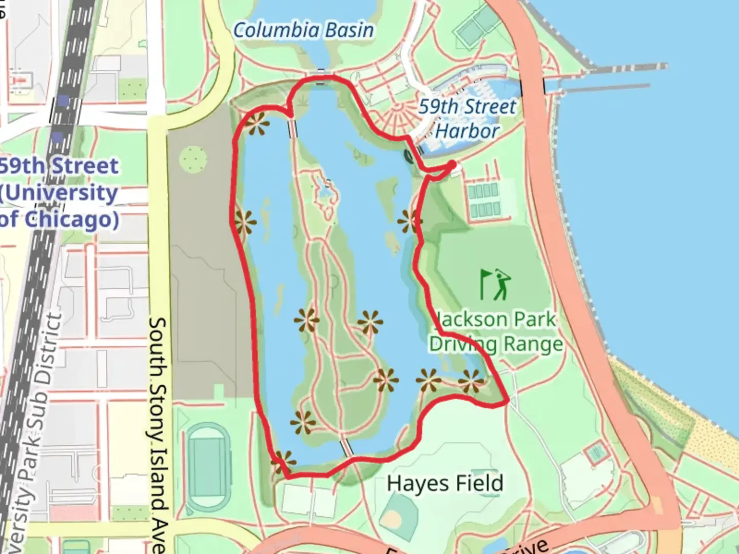 An image depicting the trail Jackson Park Lagoon Loop and its surrounding area.