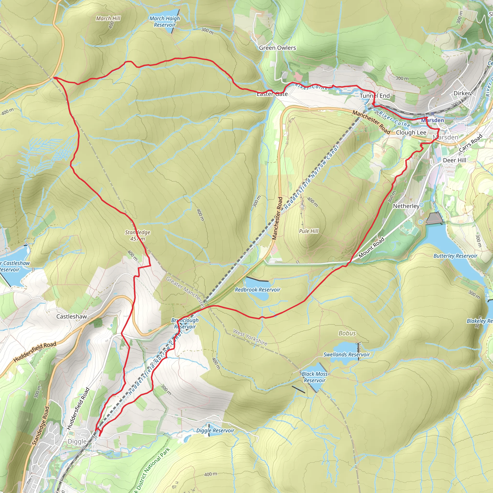 Marsden - Standedge Trail - Oldham Way - Pennine Way and Willykay Clough mobile static map