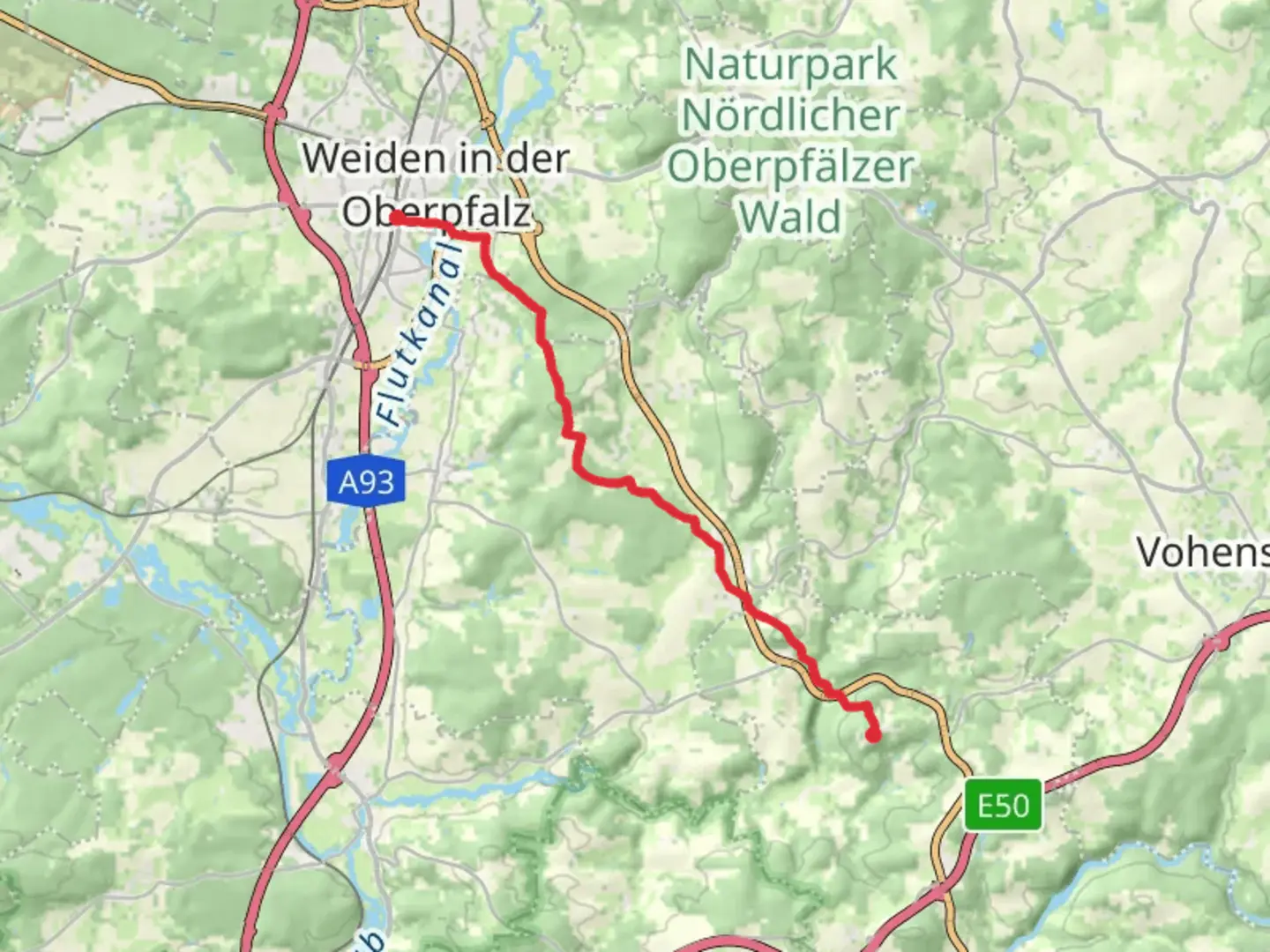 An image depicting the trail Weiden to Gasthof Lindenhof via Ignaz-Muehlhofer Weg and its surrounding area.