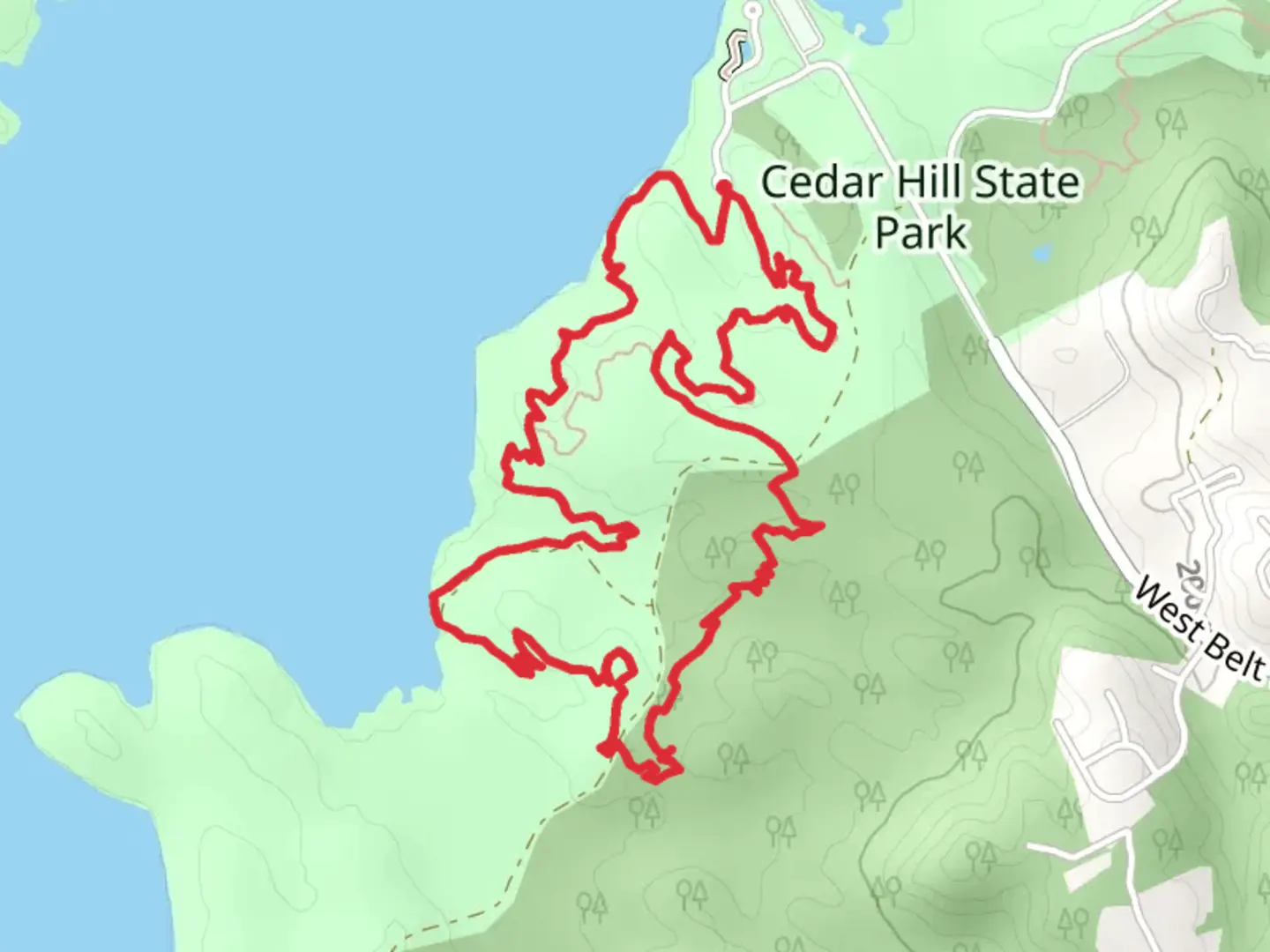 An image depicting the trail Cedar Hill State Park Loop - DOBRA Trail and its surrounding area.