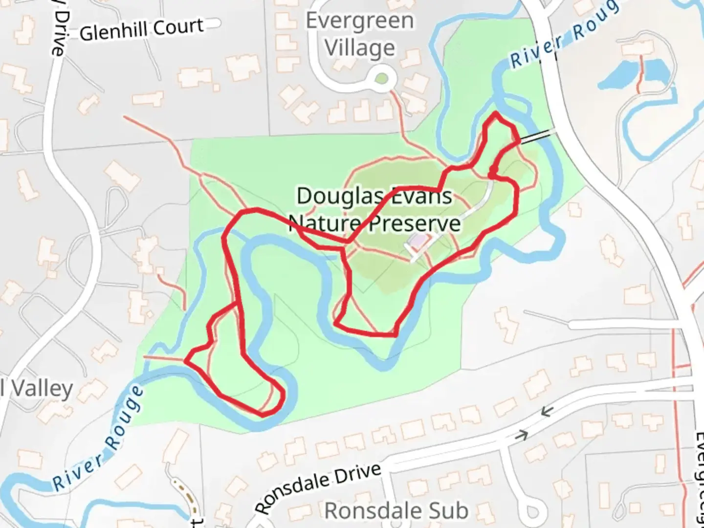An image depicting the trail Douglas Evans Nature Preserve Loop and its surrounding area.