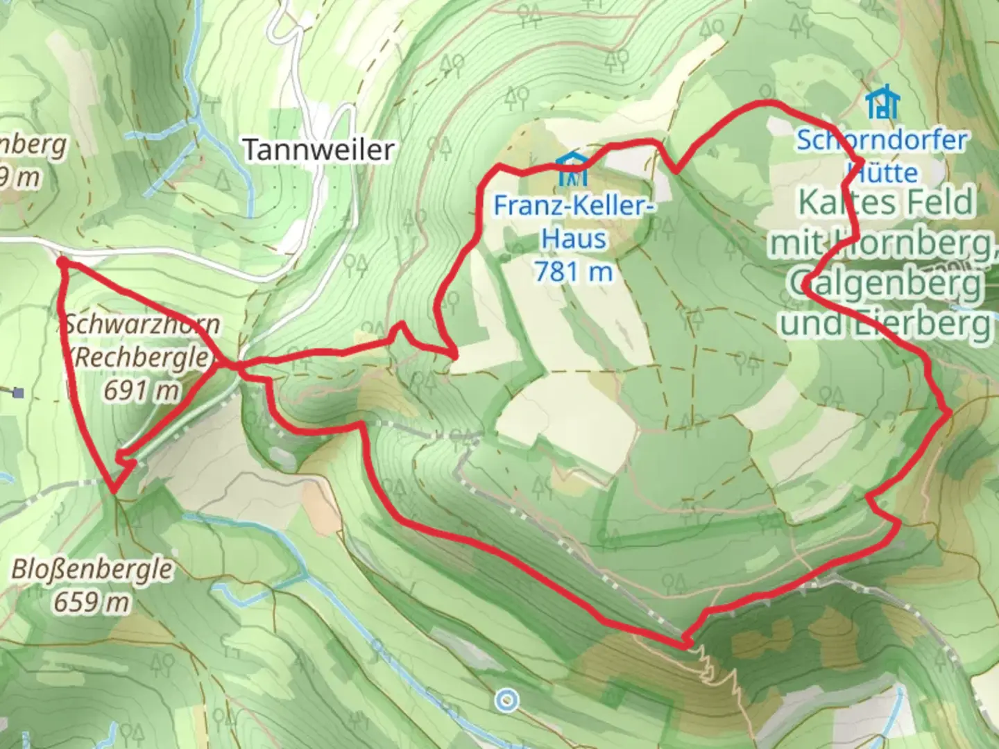 An image depicting the trail Steinbuehl and Kaltes Feld via Nebenlinie des Sav and its surrounding area.