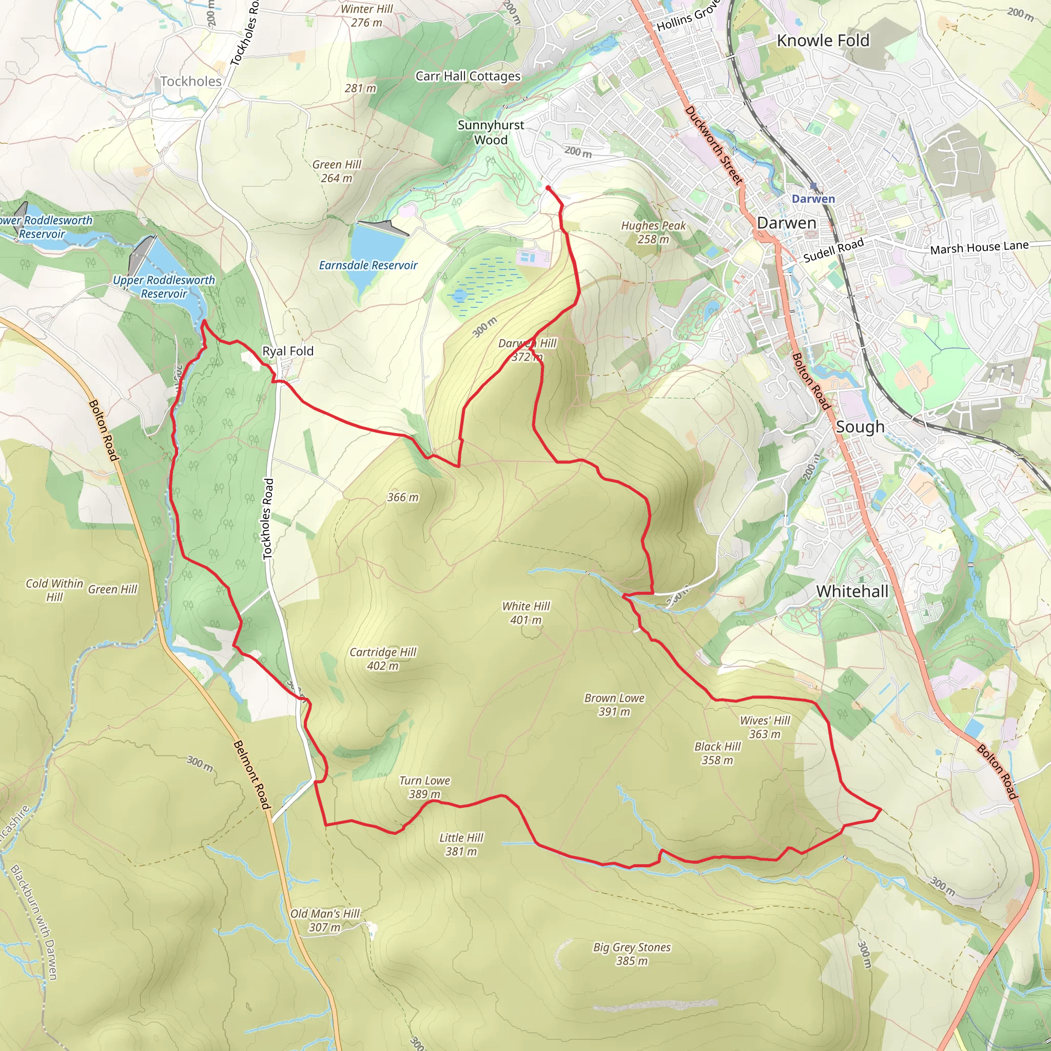 Darwen Moor - Jubilee Tower - River Roddlesworth and Witton Weavers Way mobile static map