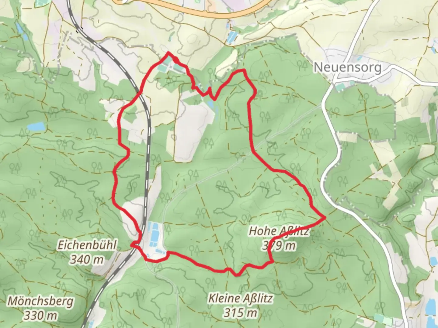An image depicting the trail Rotbuhl, Seehof, Hohe Aßlitz and Neuensorger Loop and its surrounding area.