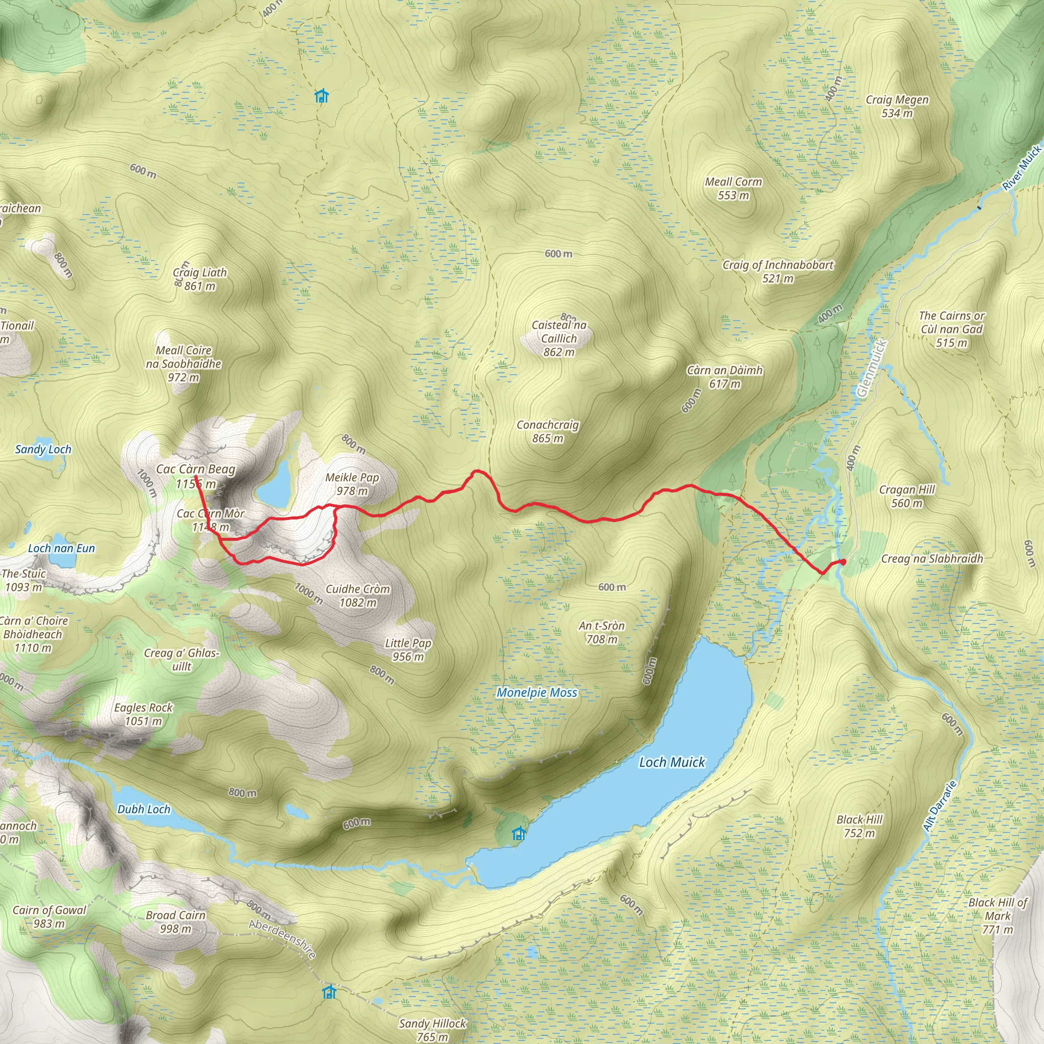 Cac Carn Beag and Cac Carn Mor via Lochnagar and Loch Muick mobile static map