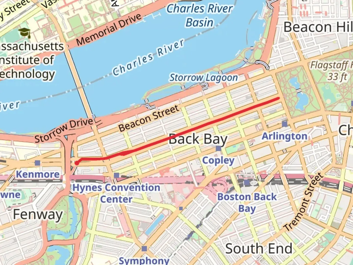 An image depicting the trail Hynes Convention Centerto to The Lagoon and its surrounding area.