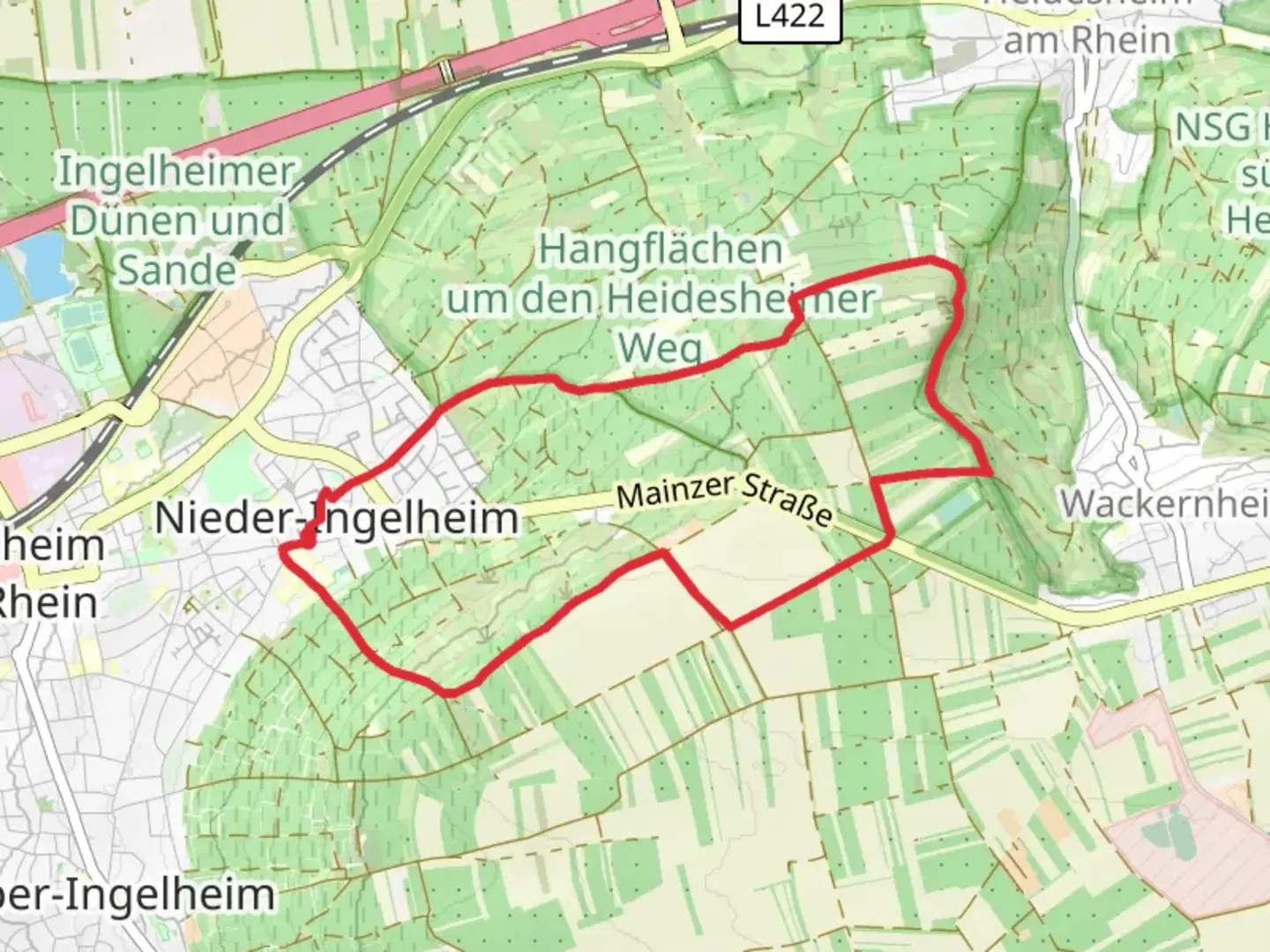 An image depicting the trail Ingelheim - Kaiserpfalzweg and its surrounding area.