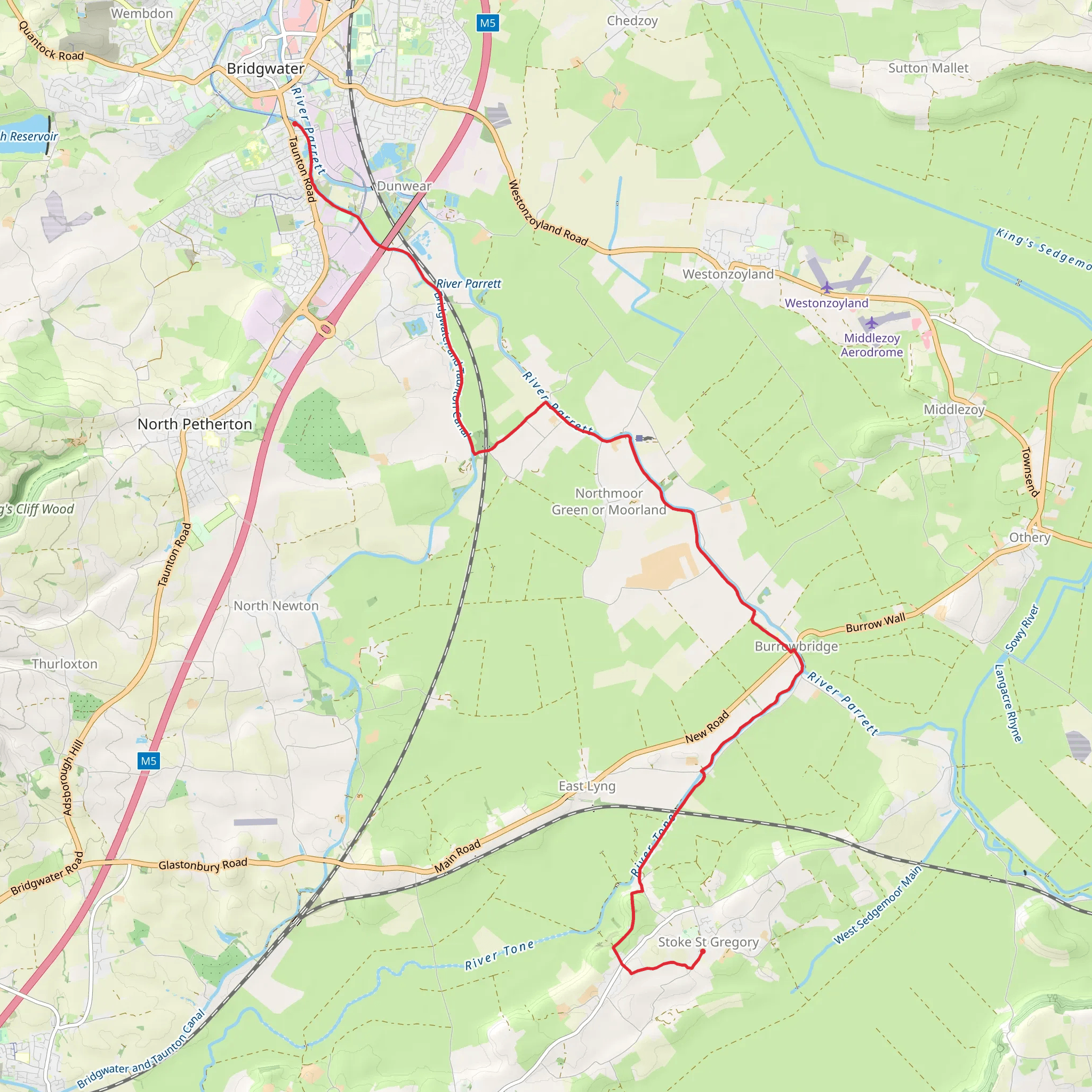 Stoke St Gregory to Bridgewater Walk via River Parrett mobile static map