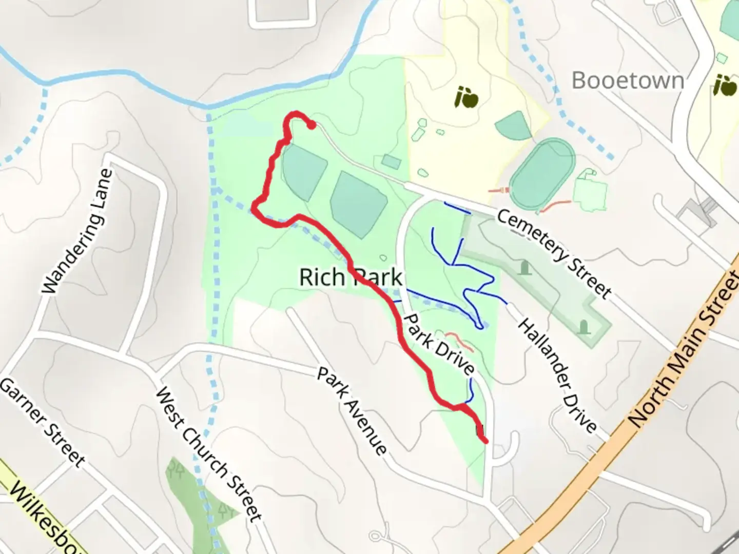 An image depicting the trail Rich Park Greenway and its surrounding area.