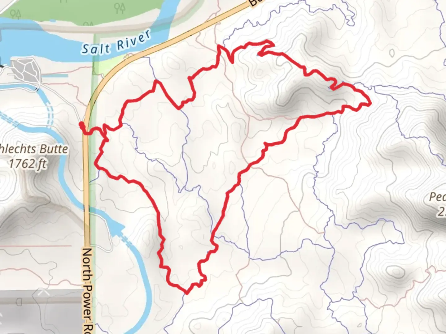 An image depicting the trail Saguaro and Hawes Loop via Roadrunner Trail and its surrounding area.