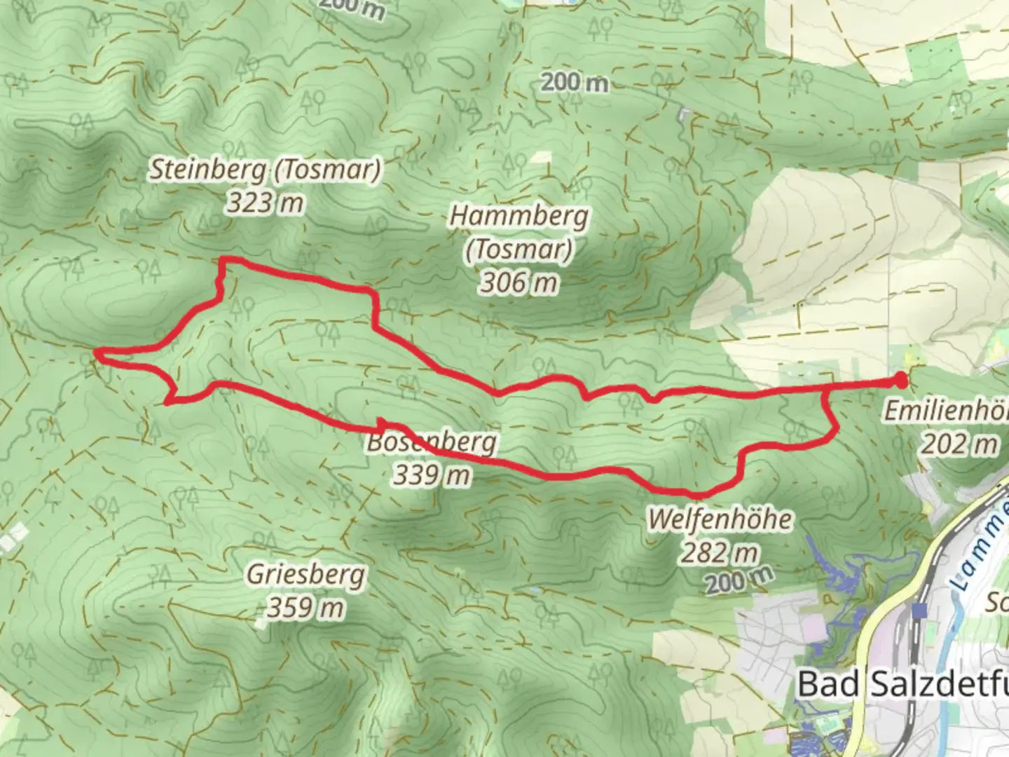 An image depicting the trail Kabus Turm, Rosenberg and Salzdetfurther Wald Loop via Burgweg and its surrounding area.