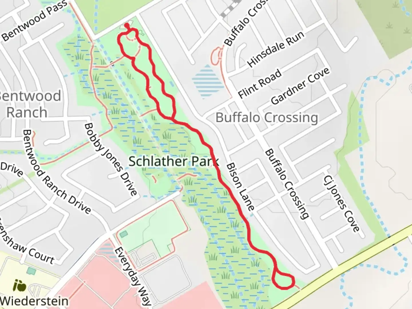 An image depicting the trail Walk along Town Creek - Schlather Park and its surrounding area.