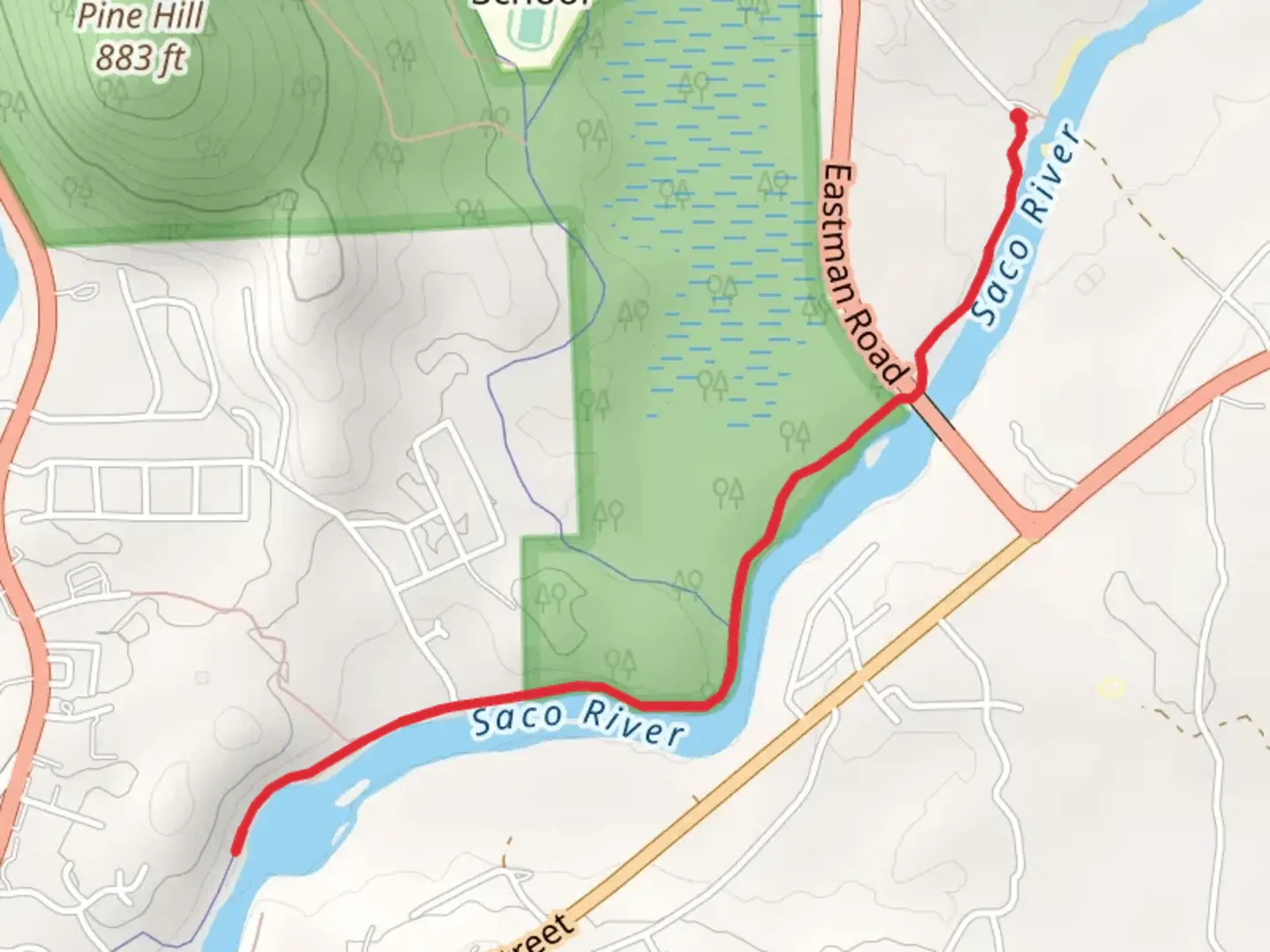 An image depicting the trail Saco River Walk along from Redstone and its surrounding area.