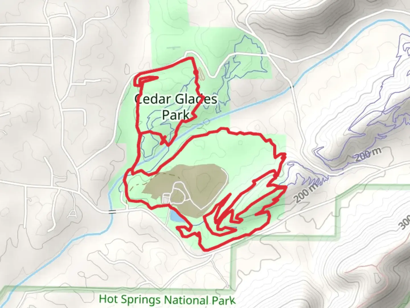 An image depicting the trail Cedar Glades Park Loop and its surrounding area.