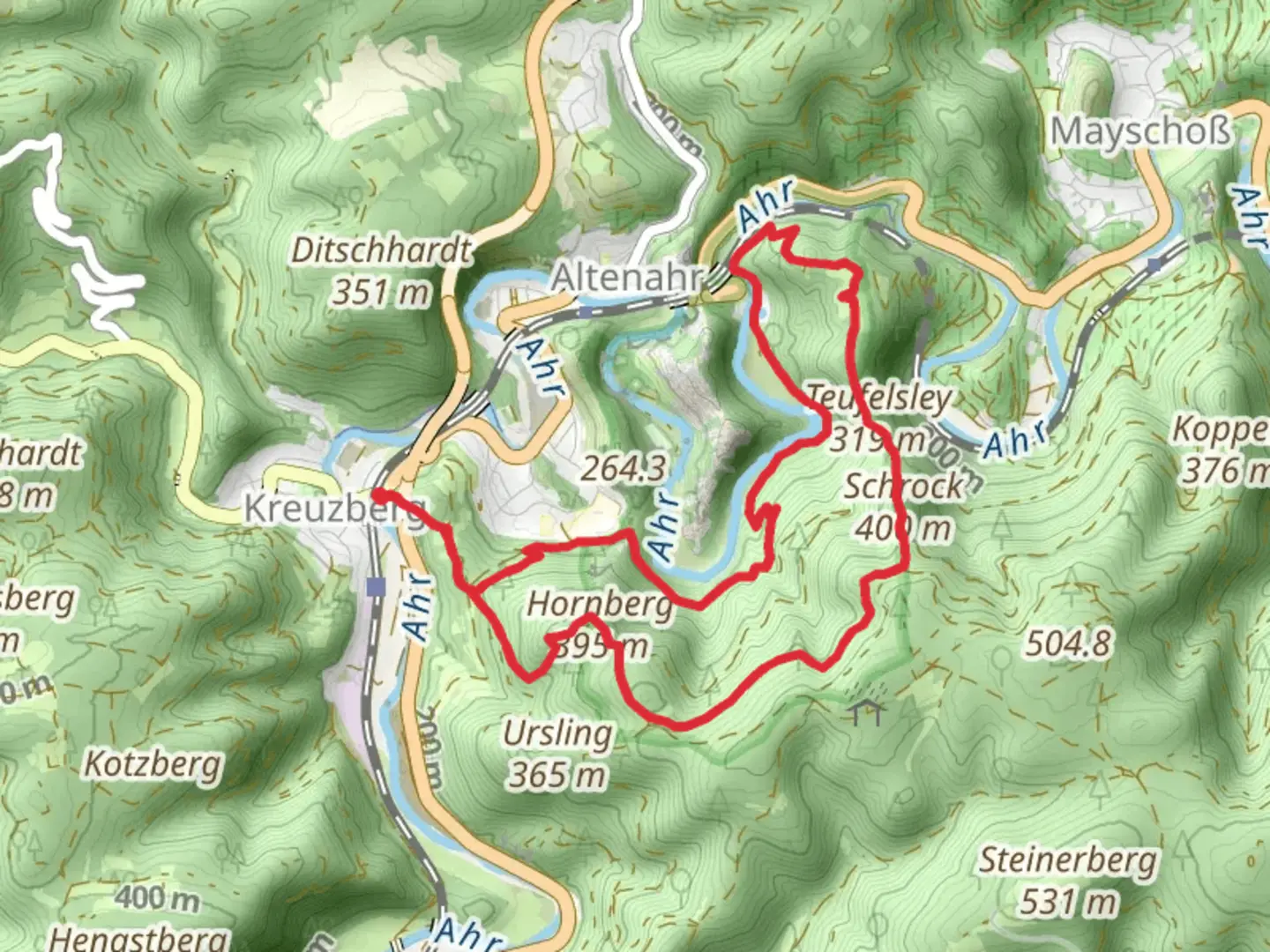 An image depicting the trail Schrock and Hornberg via Ahr Venn Weg and its surrounding area.
